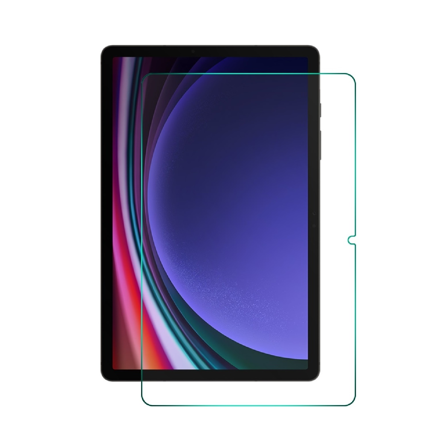 Ein Tablet mit Displayschutzfolie. Das Tablet ist schwarz und zeigt ein abstraktes Bild in Lila, Pink und Blau. Der Schutz ist klar.