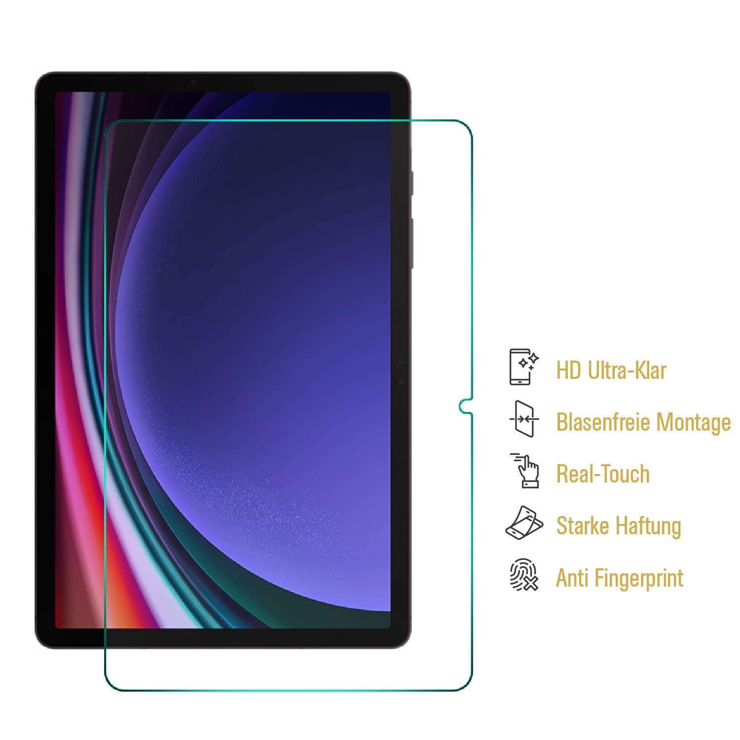 Ein Tablet mit Displayschutzfolie wird gezeigt. Der Bildschirm zeigt ein farbenfrohes abstraktes Bild. Text weist auf HD-Klarheit, einfache Installation und Fingerabdruckresistenz hin.