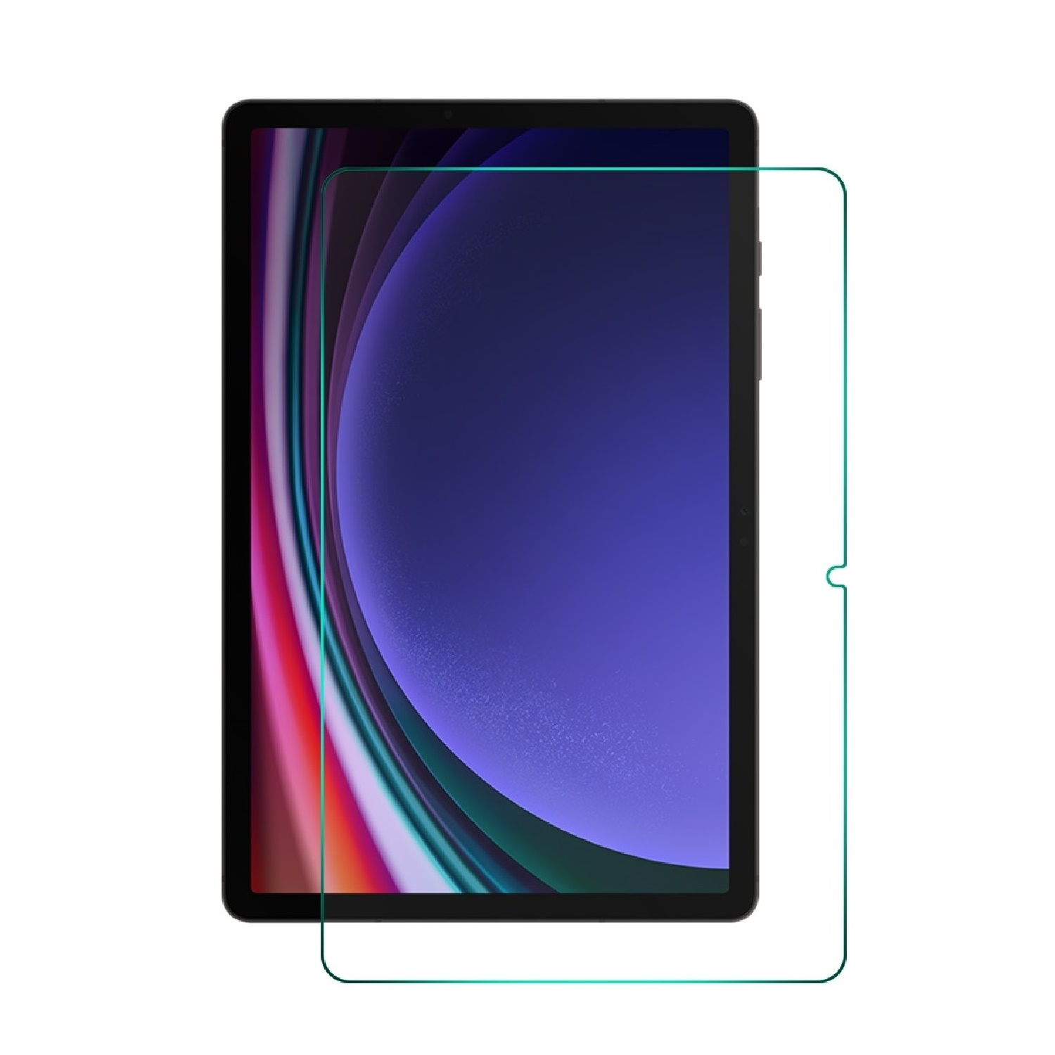 Ein Tablet mit Displayschutzfolie. Der Bildschirm zeigt ein abstraktes Design in Lila, Blau und Grün. Der Schutz ist grün umrandet.