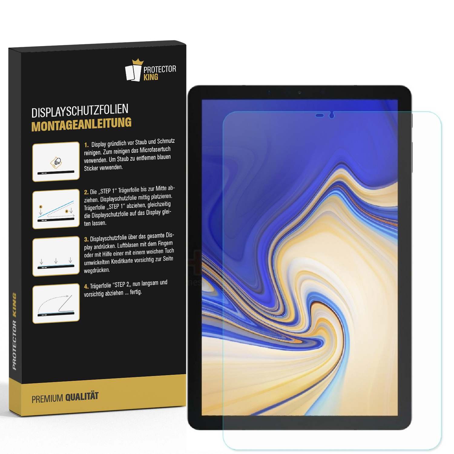 Ein Tablet mit Displayschutzfolie neben einer Box mit Anweisungen. Die Box ist schwarz mit gelbem Text.