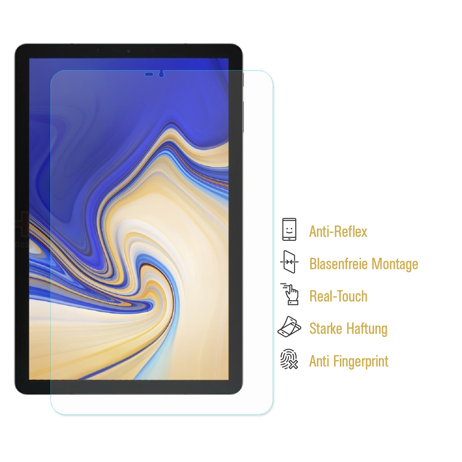 Tablet mit Displayschutzfolie, Funktionen umfassen Anti-Reflex, blasenfreie Montage, Real-Touch, starke Haftung und Anti-Fingerprint.