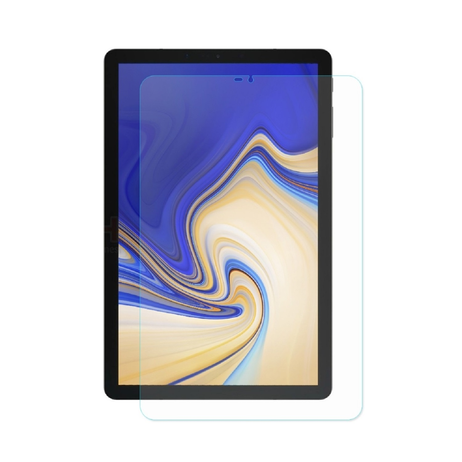 Ein Tablet mit Displayschutzfolie. Der Bildschirm zeigt ein Wirbelmuster aus Blau und Gelb. Der Displayschutz ist transparent.