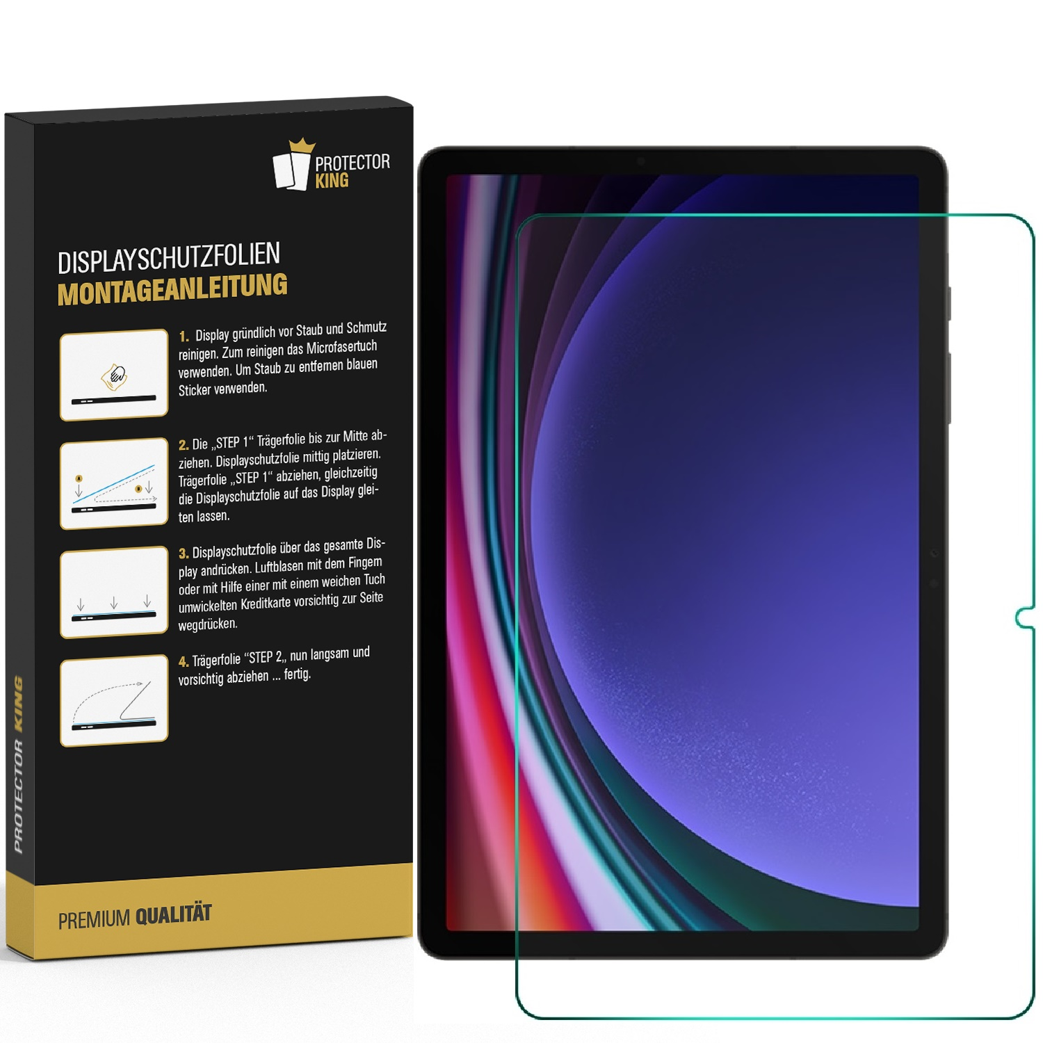 Das Bild zeigt ein Tablet mit Displayschutzfolie, eine Box mit Anweisungen und das Protector King Logo.