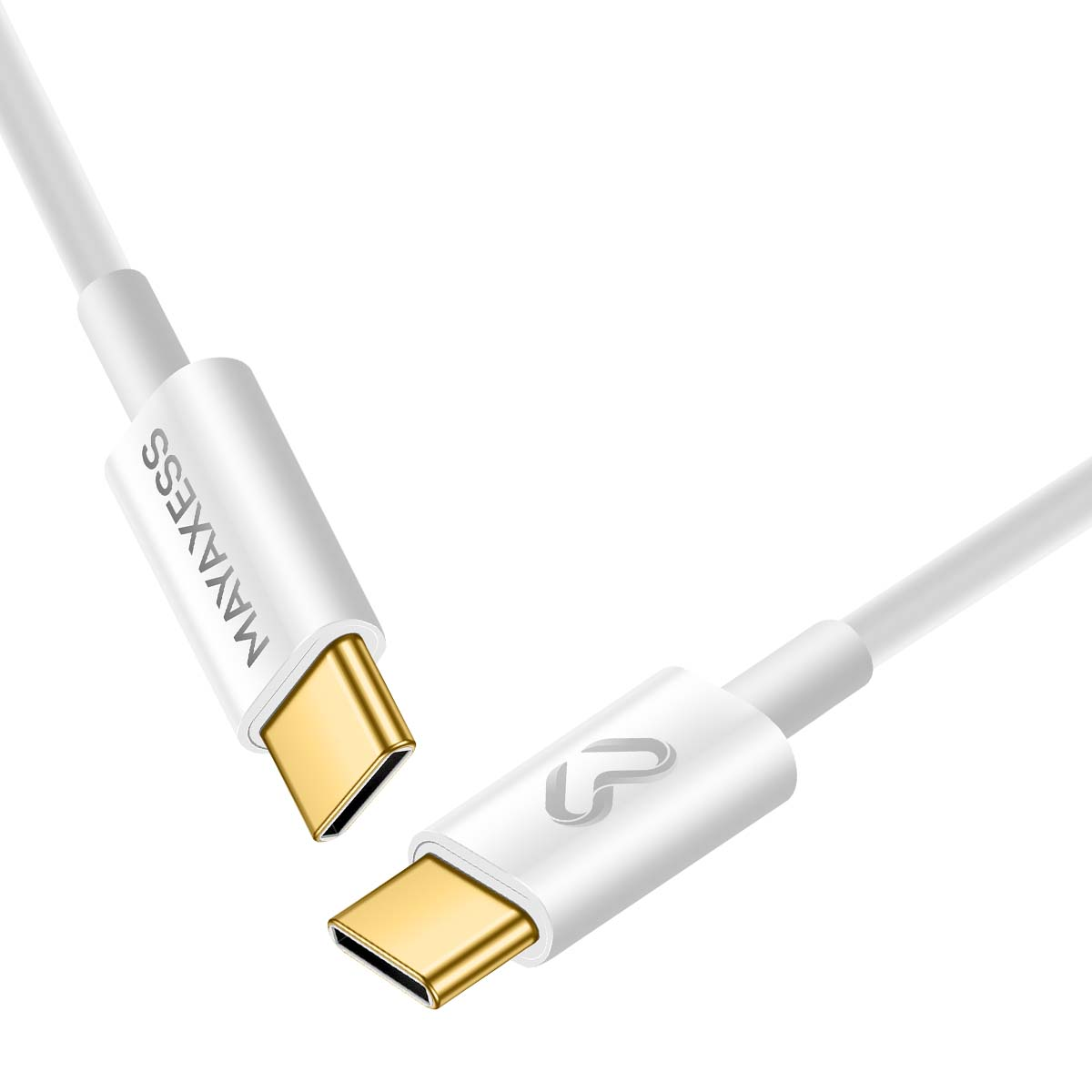 Cavo USB-C bianco con connettori dorati. Il cavo riporta il marchio MAYAXESS.