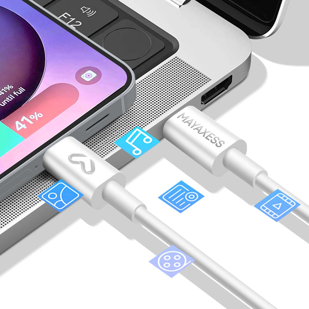 Un cavo USB-C bianco è collegato a un telefono, mostrando il 41% di batteria. Un altro cavo è collegato a un laptop. Icone blu visualizzate.