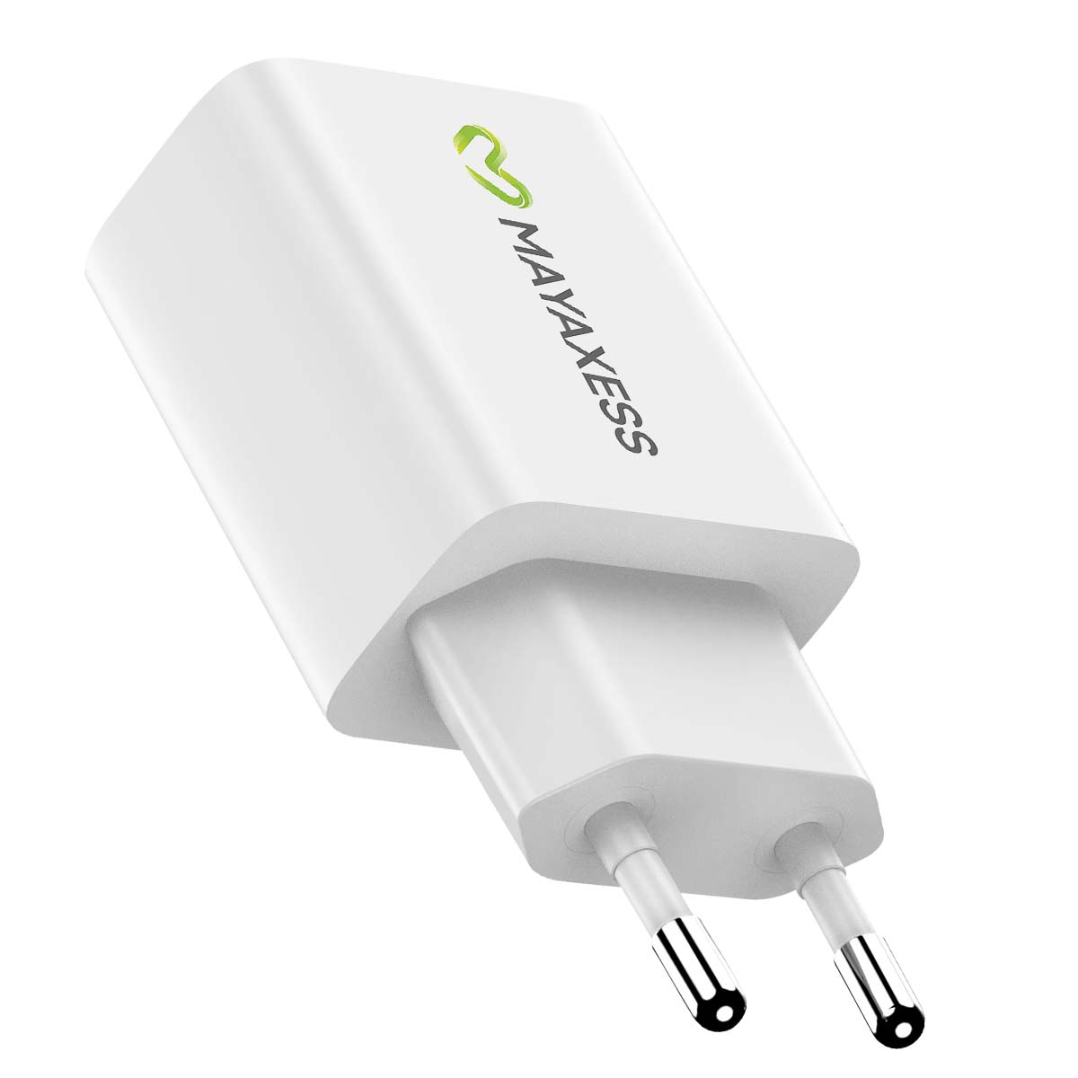 Un caricabatterie MAYAXESS bianco con due pin. Il logo è verde. Il testo è in alto e i pin in basso.
