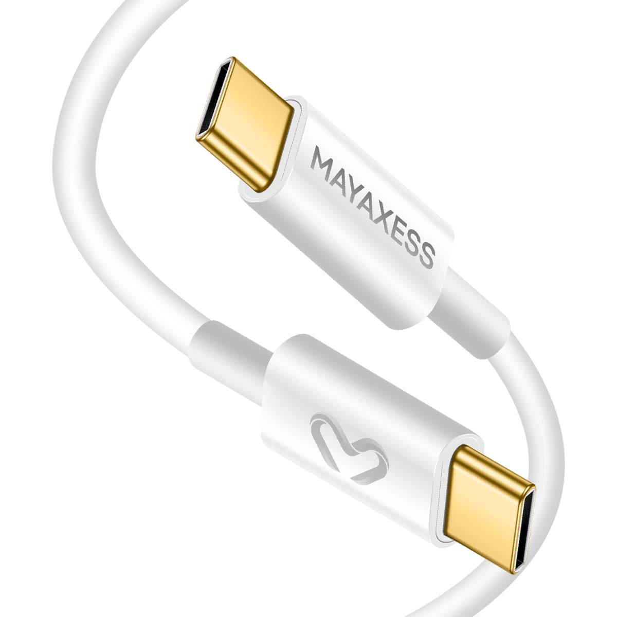 Un cavo USB-C bianco con connettori dorati. Il cavo è etichettato 'MAYAXESS' e ha un simbolo a forma di cuore.