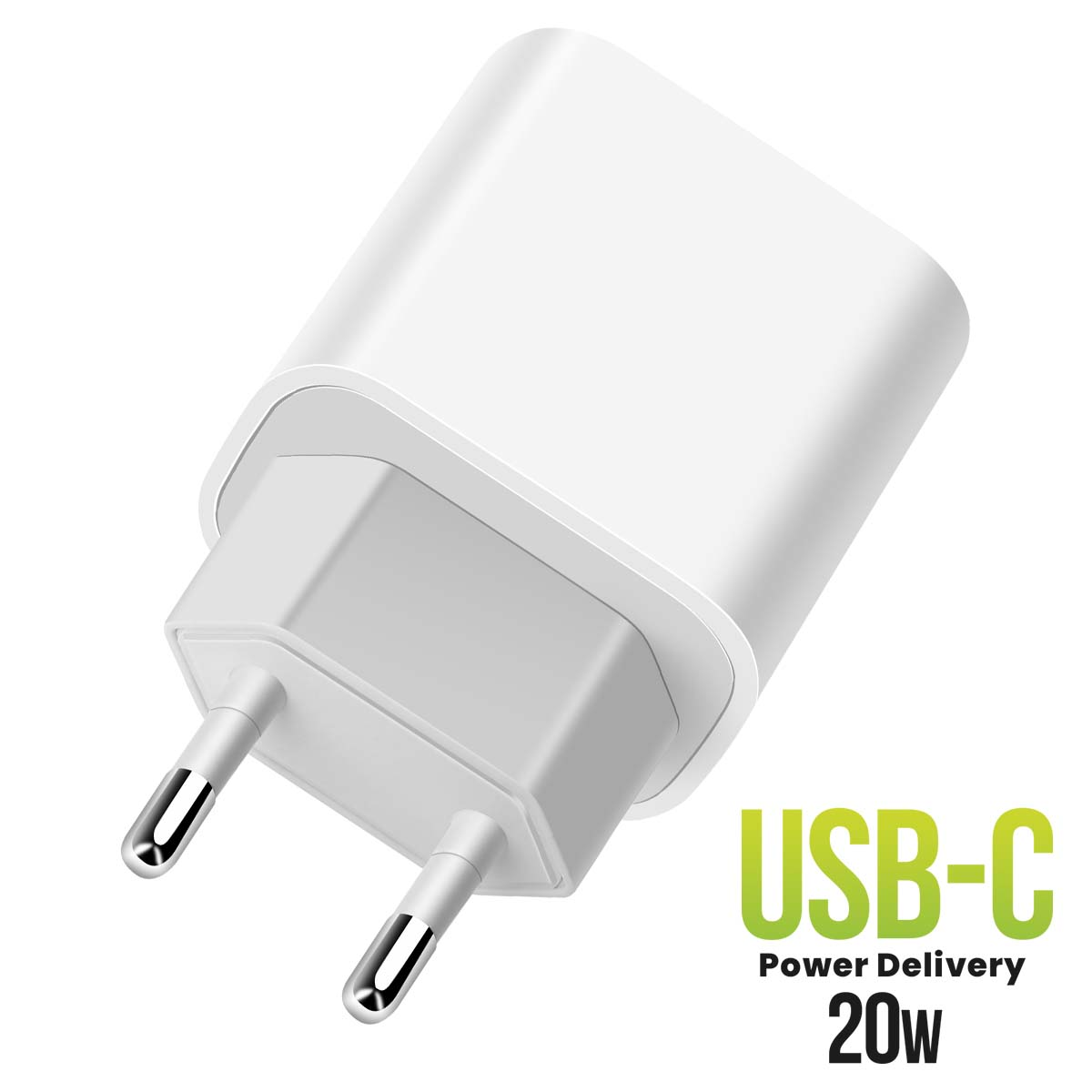 Un adattatore di alimentazione USB-C bianco con due spine, etichettato USB-C, Power Delivery e 20W.