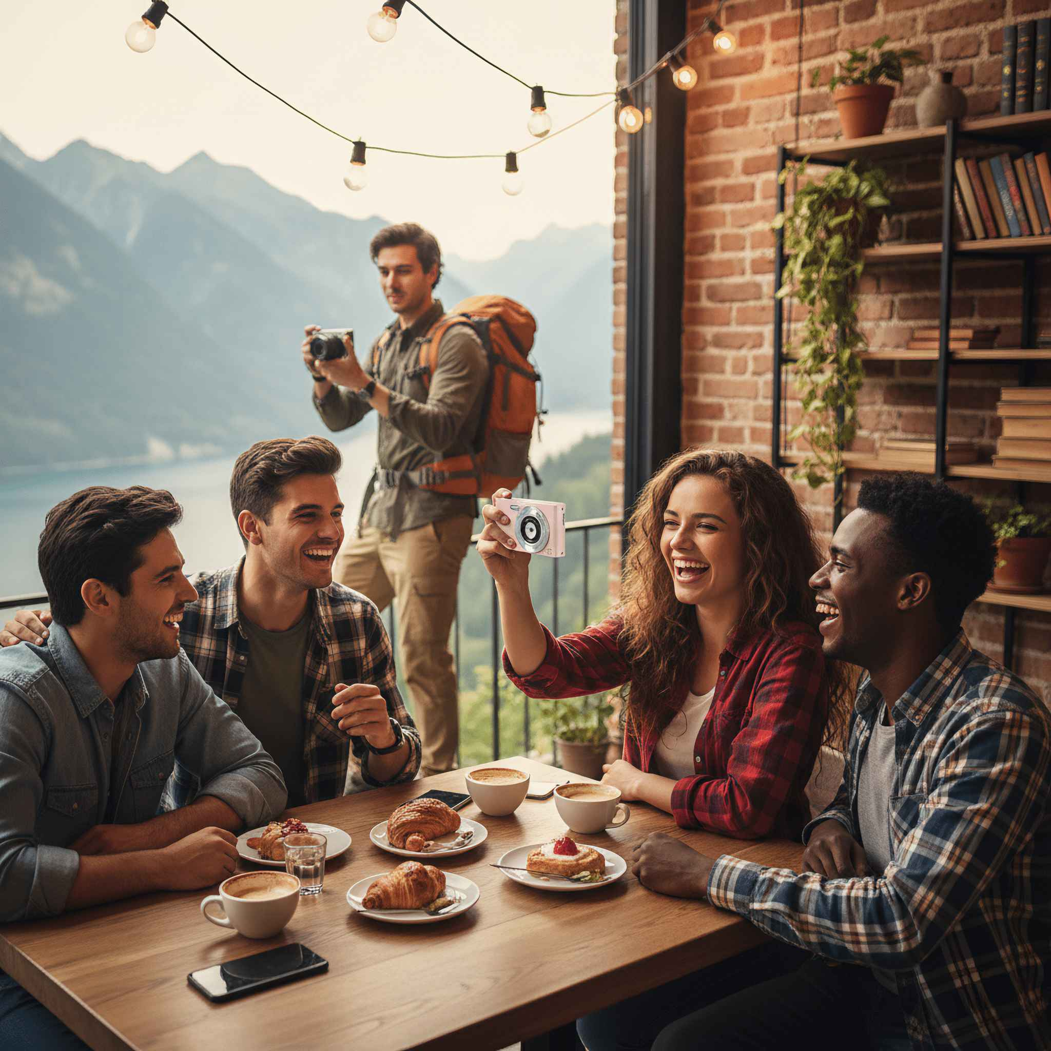 Freunde im Café, fotografieren. Essen auf dem Tisch, Berge im Hintergrund. Lichterketten und Backsteinmauer.