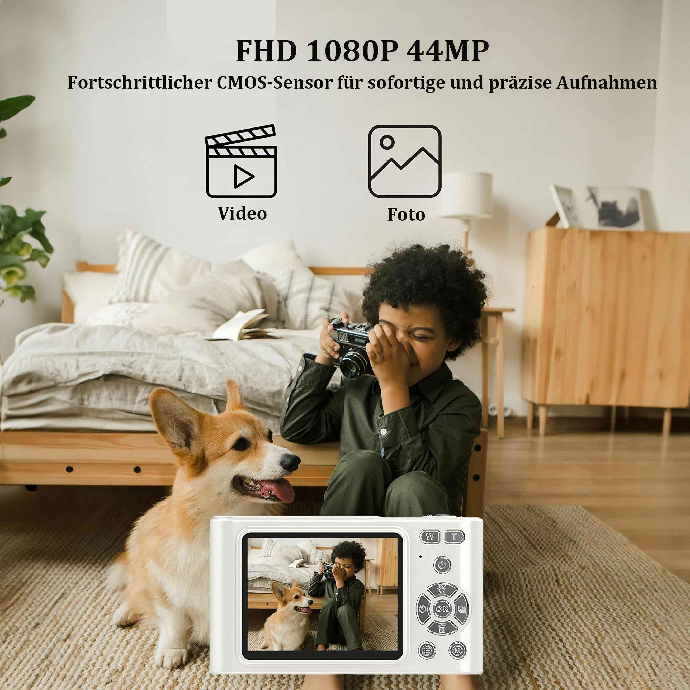 Ein Kind macht ein Foto mit einer Kamera, daneben sitzt ein Hund. Im Vordergrund befindet sich eine Kamera. Der Hintergrund ist ein Raum.