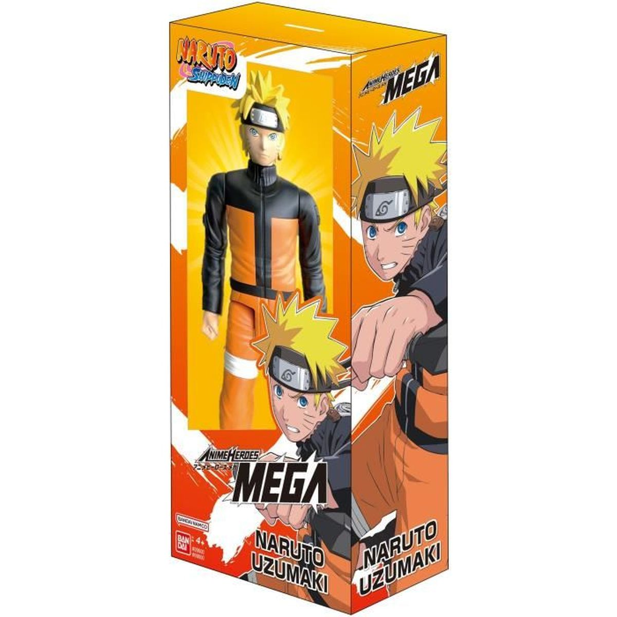 Eine Naruto Uzumaki Actionfigur in einer Box. Die Box ist orange und hat Bilder von Naruto. Die Figur trägt ein orange-schwarzes Outfit.