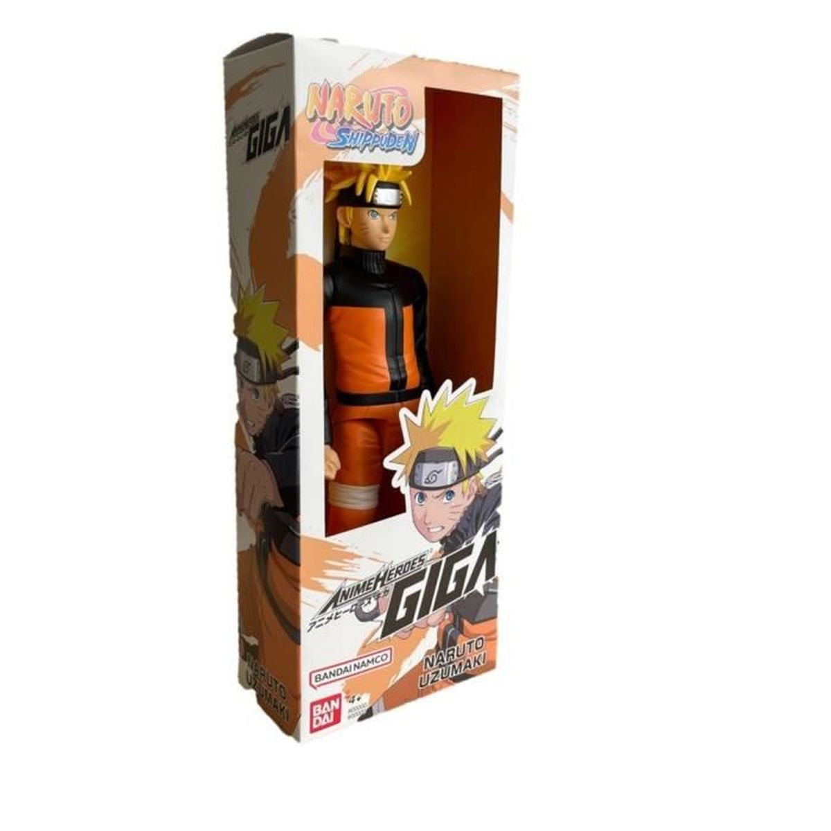 Eine Naruto-Figur in einer Box. Die Figur hat orange und schwarze Kleidung. Die Box hat das Naruto Shippuden-Logo darauf.