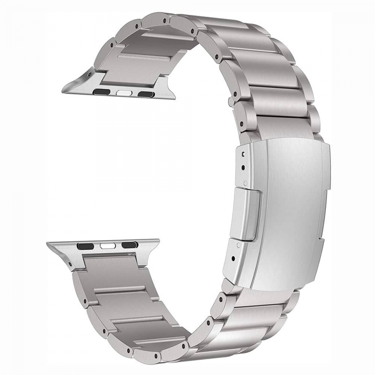 Silbernes Metall-Uhrenarmband mit Verschluss und Verbindungsteilen. Das Armband ist gebogen. Der Hintergrund ist schlicht weiß.