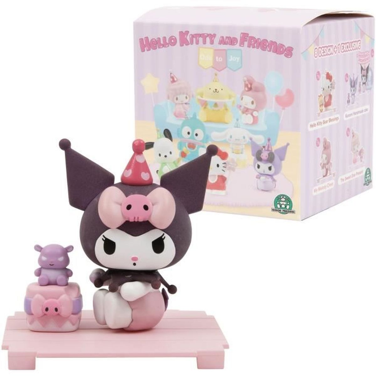 Figura de Kuromi con gorro de cumpleaños, junto a una pequeña figura sobre una base de pastel. Una caja con personajes de Hello Kitty en el fondo.