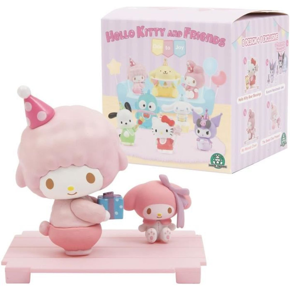 Figuras rosas de Hello Kitty. Una sostiene un regalo. Una caja con otros personajes en el fondo. Plataforma de madera rosa.