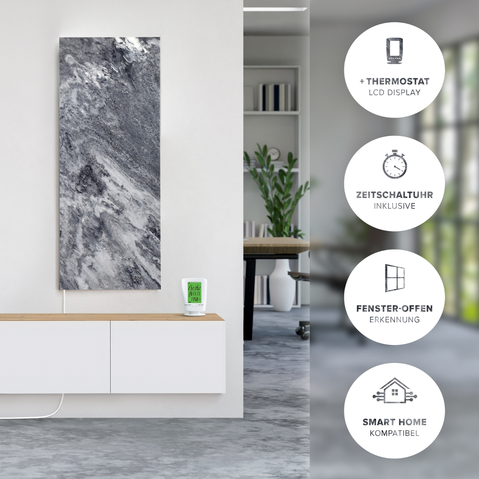 Ein moderner Raum zeigt einen Heizkörper in Marmoroptik, ein Thermostat und Symbole für Funktionen wie Thermostat und Smart-Home-Kompatibilität.