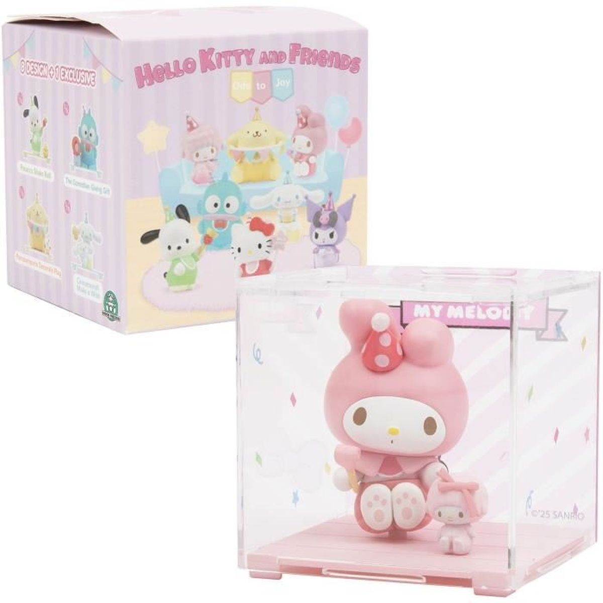 Juguetes de Hello Kitty and Friends. Uno está en una caja, el otro en una vitrina. El estuche contiene una figura rosa de My Melody con una más pequeña.