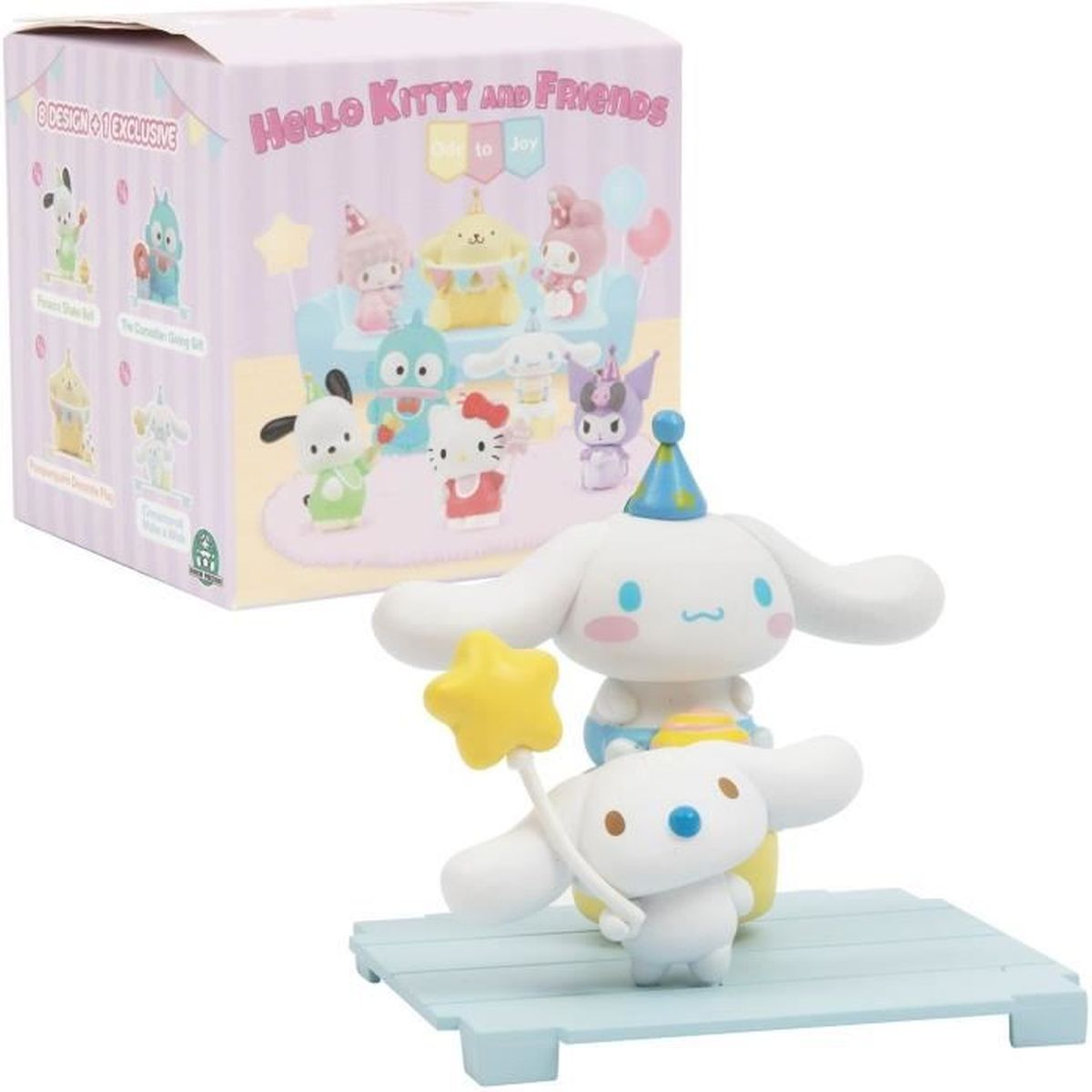 Figuras de Hello Kitty y Amigos. Cinnamoroll sostiene una varita. Una caja muestra los personajes y el tema: "Joy to Joy."