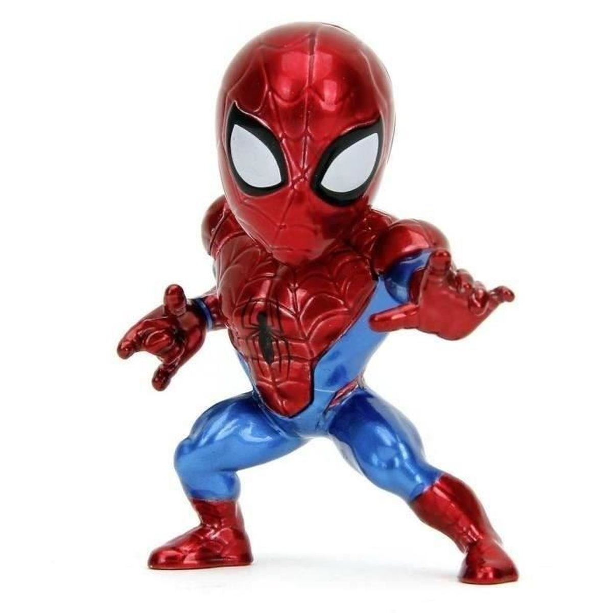 Eine Figur von Spider-Man in dynamischer Pose, mit roten und blauen Farben. Er hockt, Arme ausgestreckt, mit weißen Augen.