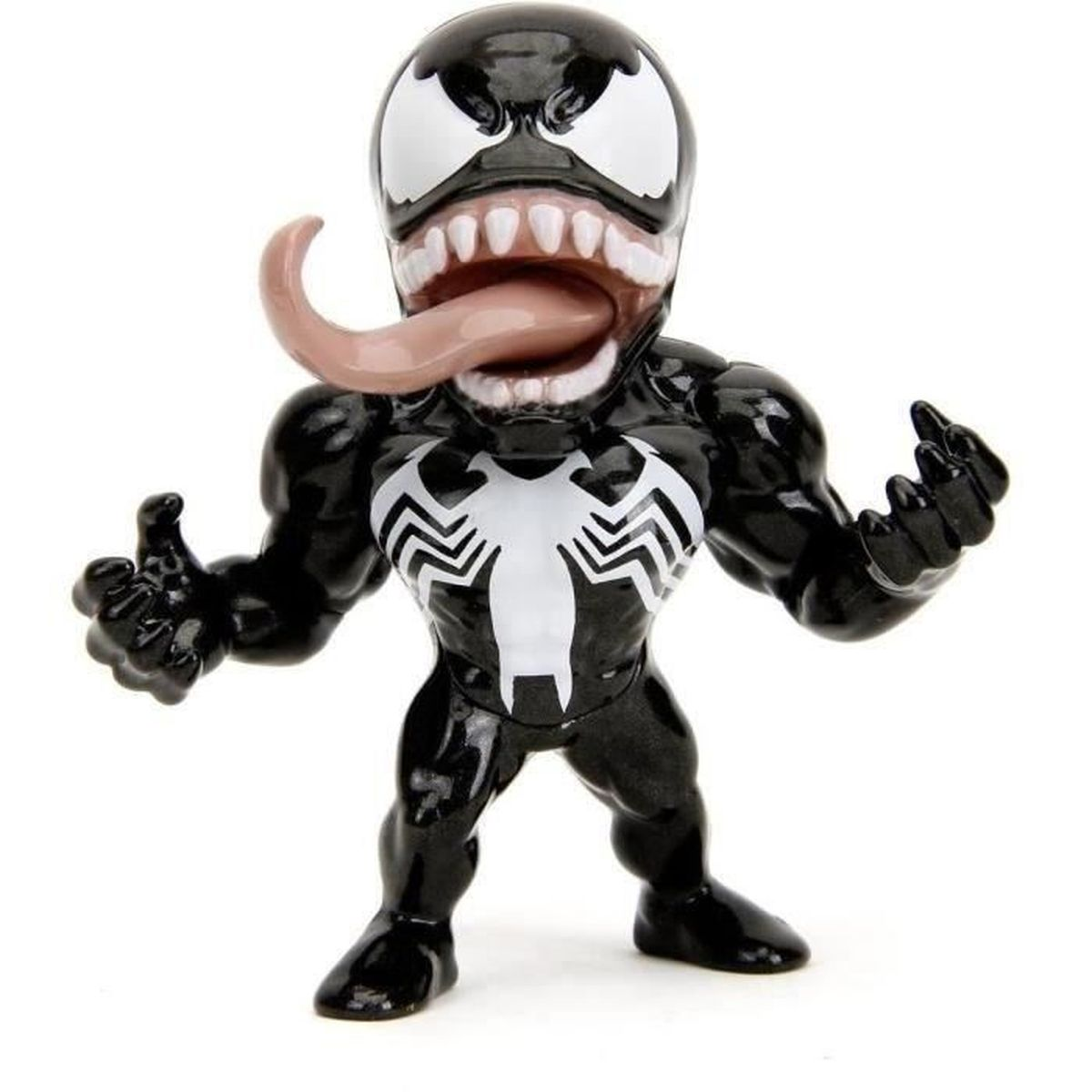 Eine Venom-Figur steht mit offenem Mund und herausgestreckter Zunge. Sie ist schwarz mit einem weißen Spinnensymbol. Der Hintergrund ist weiß.