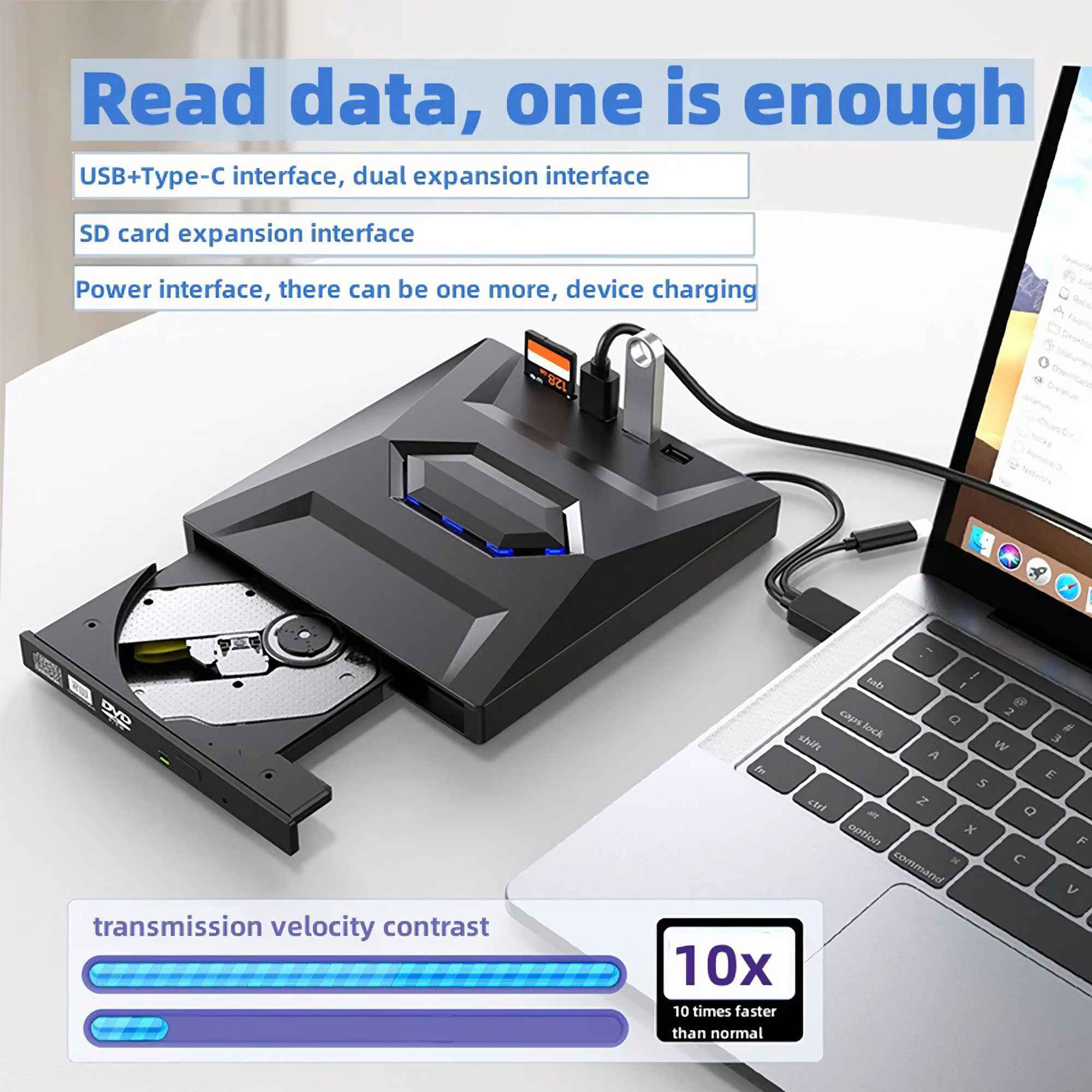 Ein schwarzes Gerät mit DVD-Steckplatz, USB-Anschlüssen und einem angeschlossenen Laptop. Text-Overlay: Daten lesen, eins reicht aus.