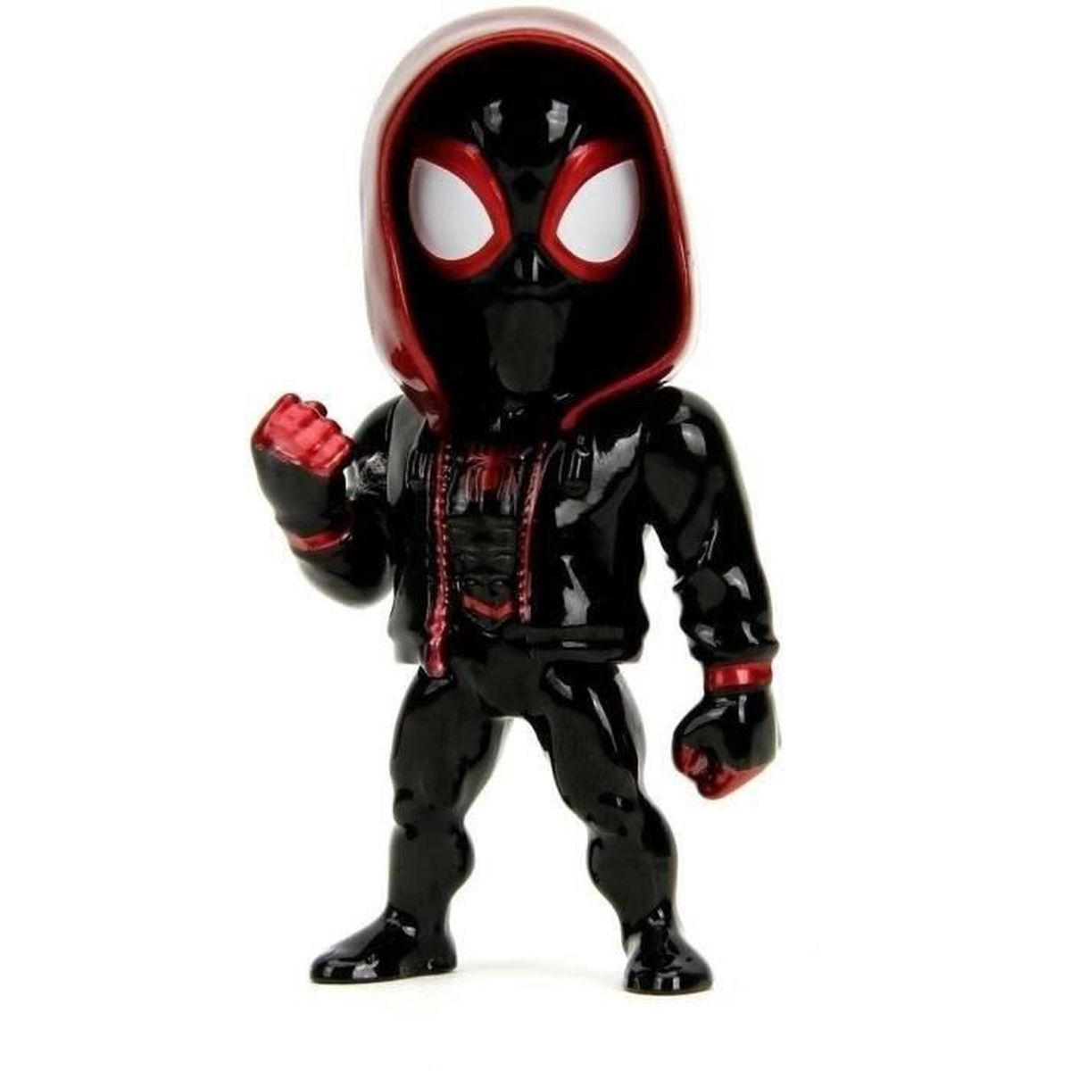 Eine schwarze Spider-Man-Figur mit roten Akzenten steht auf weißem Hintergrund. Sie trägt eine Kapuzenjacke mit weißen Augen.