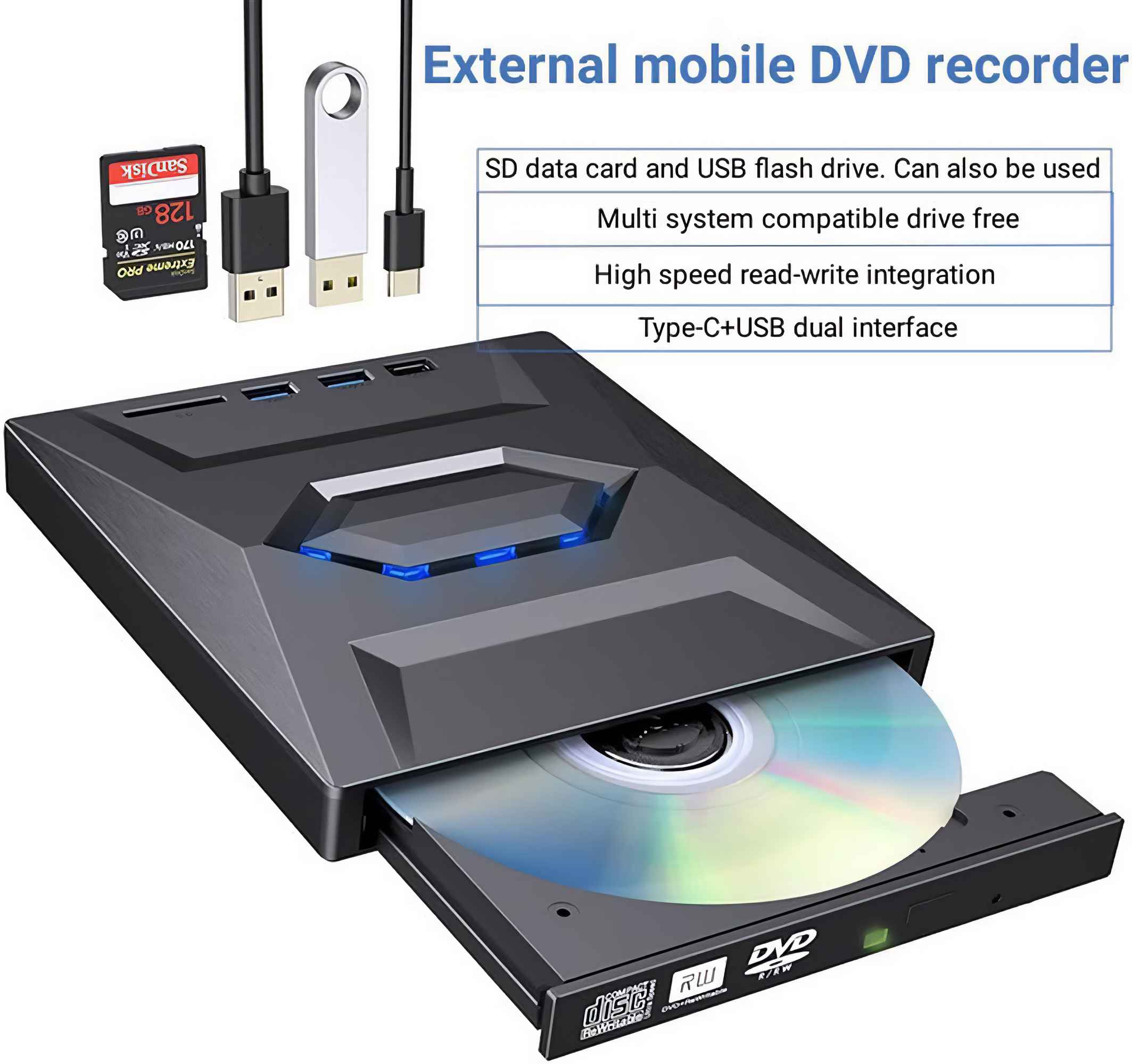 Ein externer mobiler DVD-Rekorder mit einer Disc. Enthält SD-Karte, USB-Stick und mehrere Anschlussmöglichkeiten.