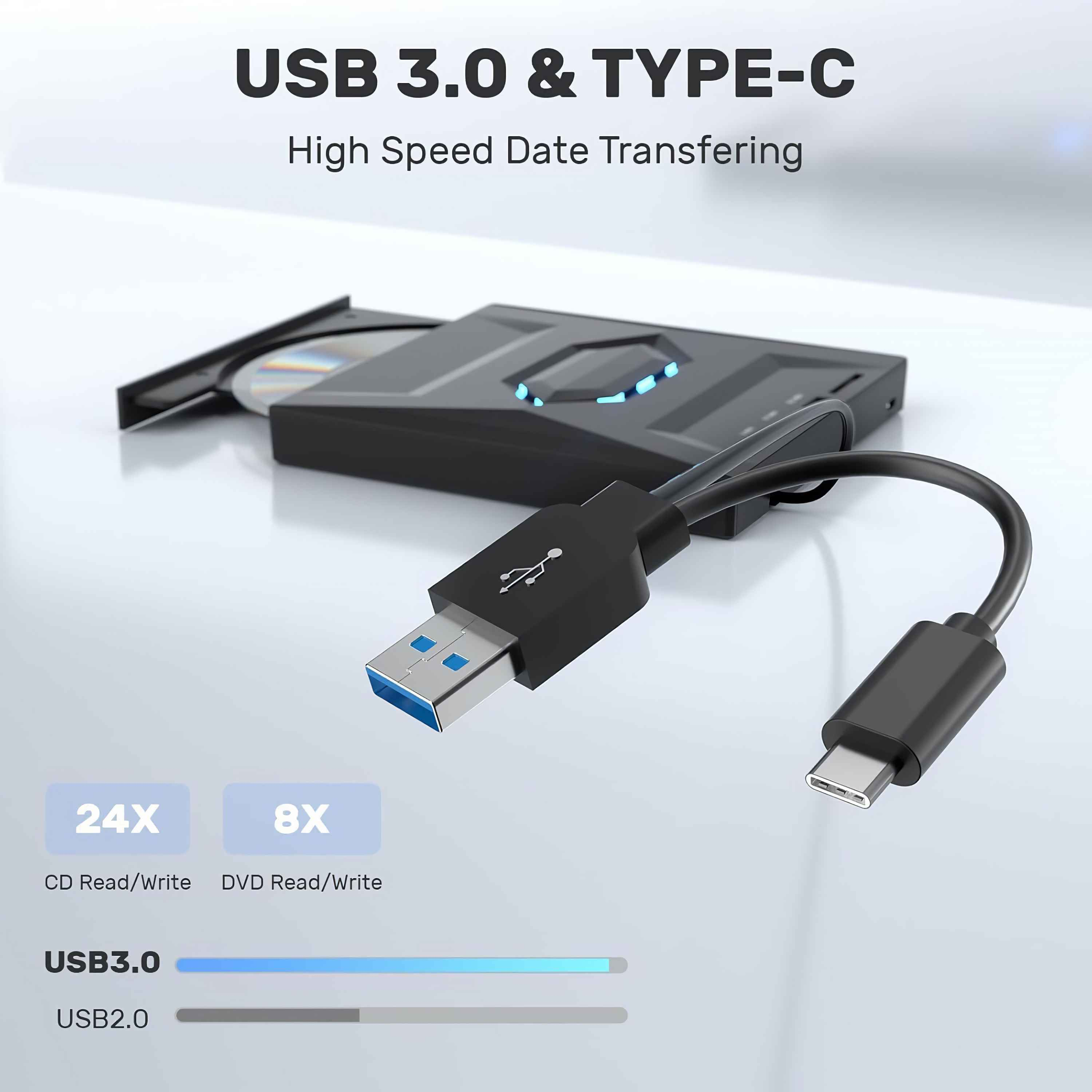 Das Bild zeigt ein USB 3.0- und Typ-C-Gerät mit CD-Laufwerk. Es hat ein schwarzes Kabel und blaue Akzente.