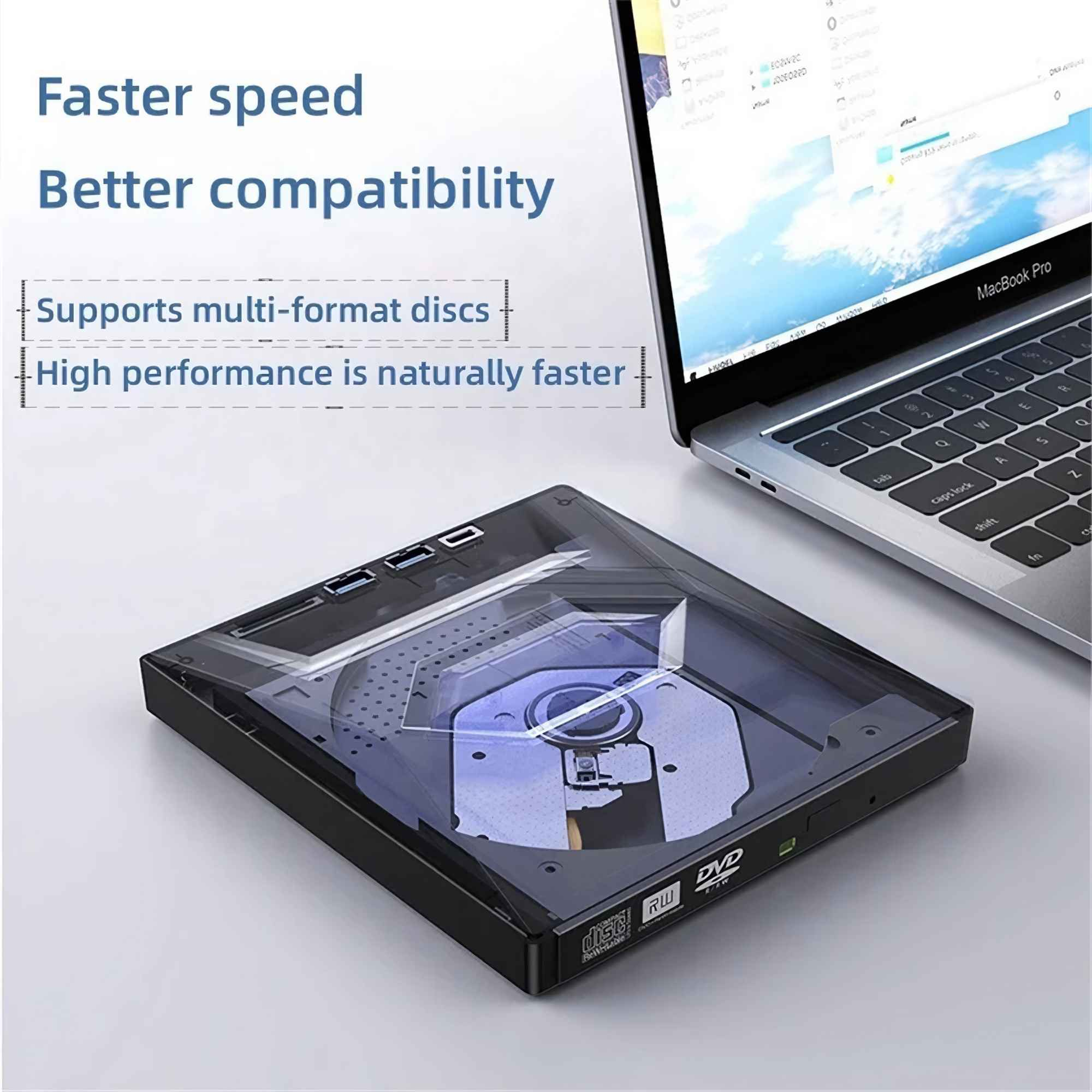 Ein schwarzes externes DVD-Laufwerk neben einem MacBook Pro. Text auf weißem Hintergrund: 'Schnellere Geschwindigkeit, Bessere Kompatibilität'.