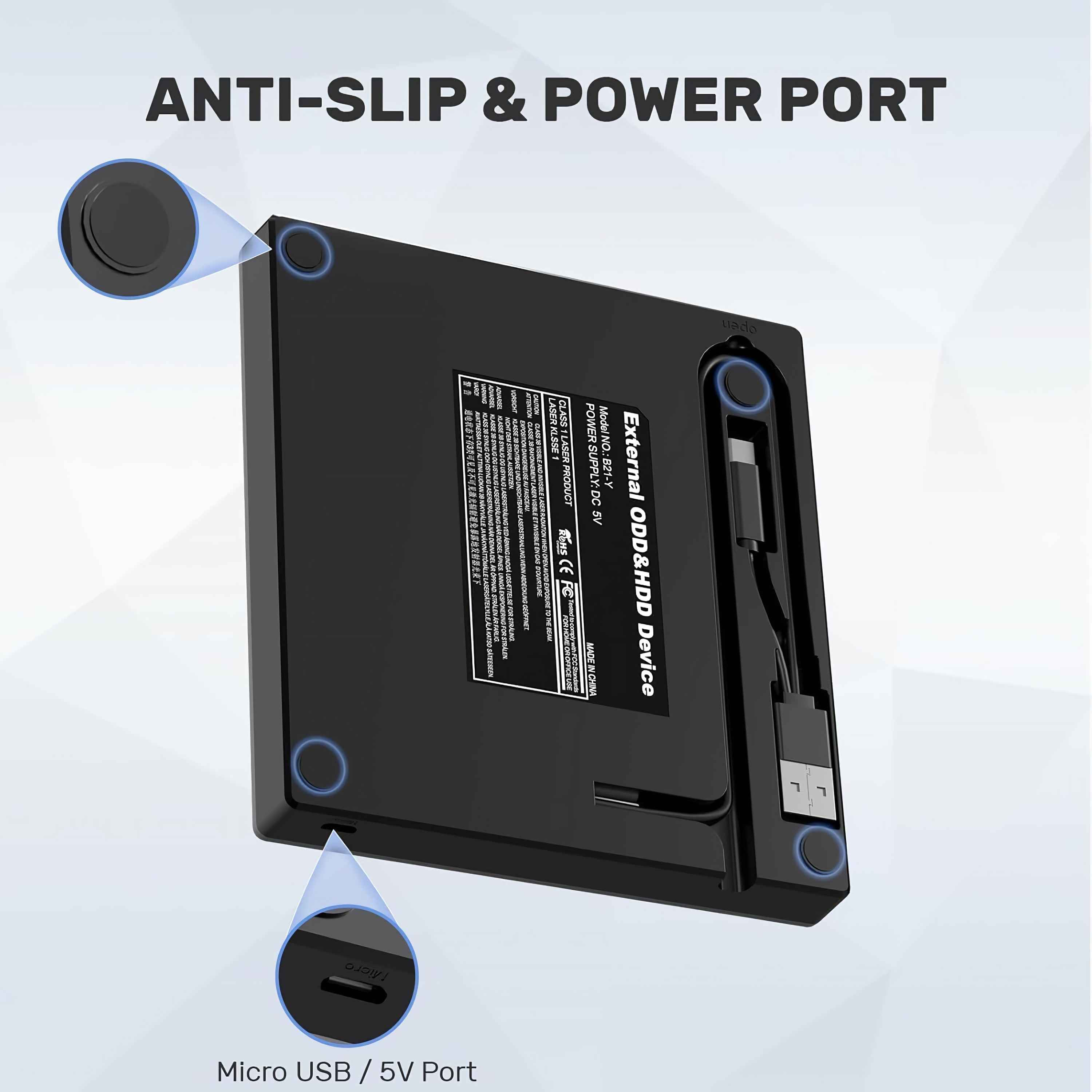 Schwarzes Gerät mit Anti-Rutsch-Pads und Stromanschluss. Das Gerät hat einen Micro-USB-Anschluss. Text: 'Anti-Slip & Power Port'.