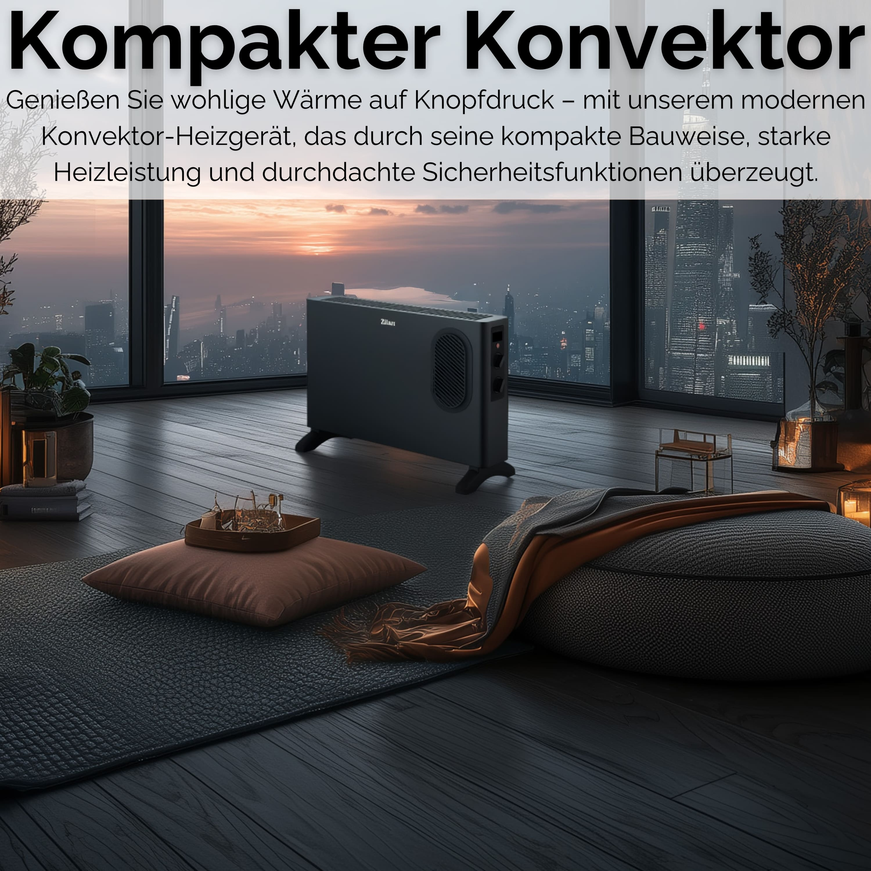 Schwarzer Heizlüfter in einem Raum mit Stadtblick. Kissen, Teppich und eine Decke sind im Vordergrund.