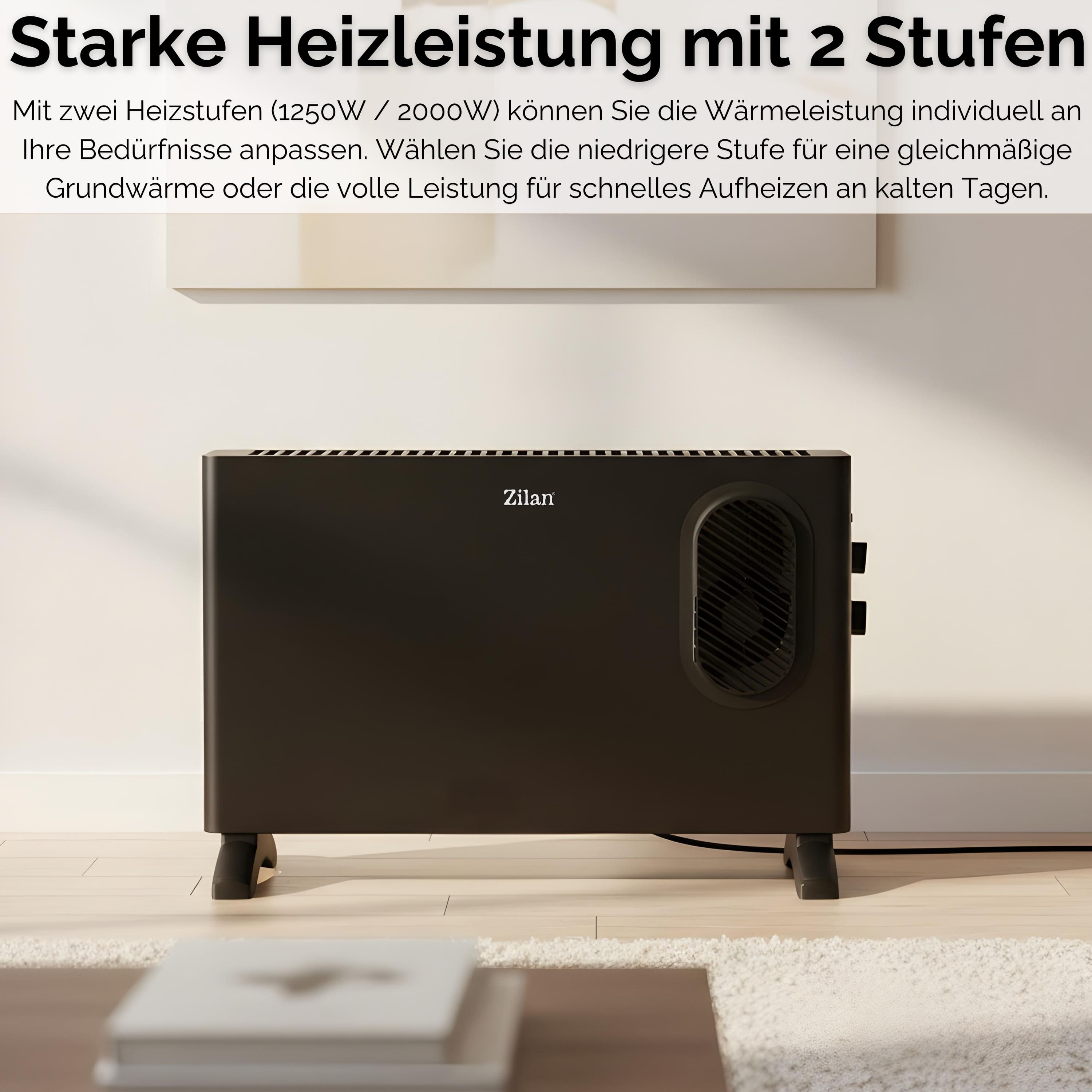 Ein schwarzer Zilan-Heizlüfter mit zwei Leistungsstufen auf hellem Boden. Im Hintergrund eine weiße Wand und ein Teppich.