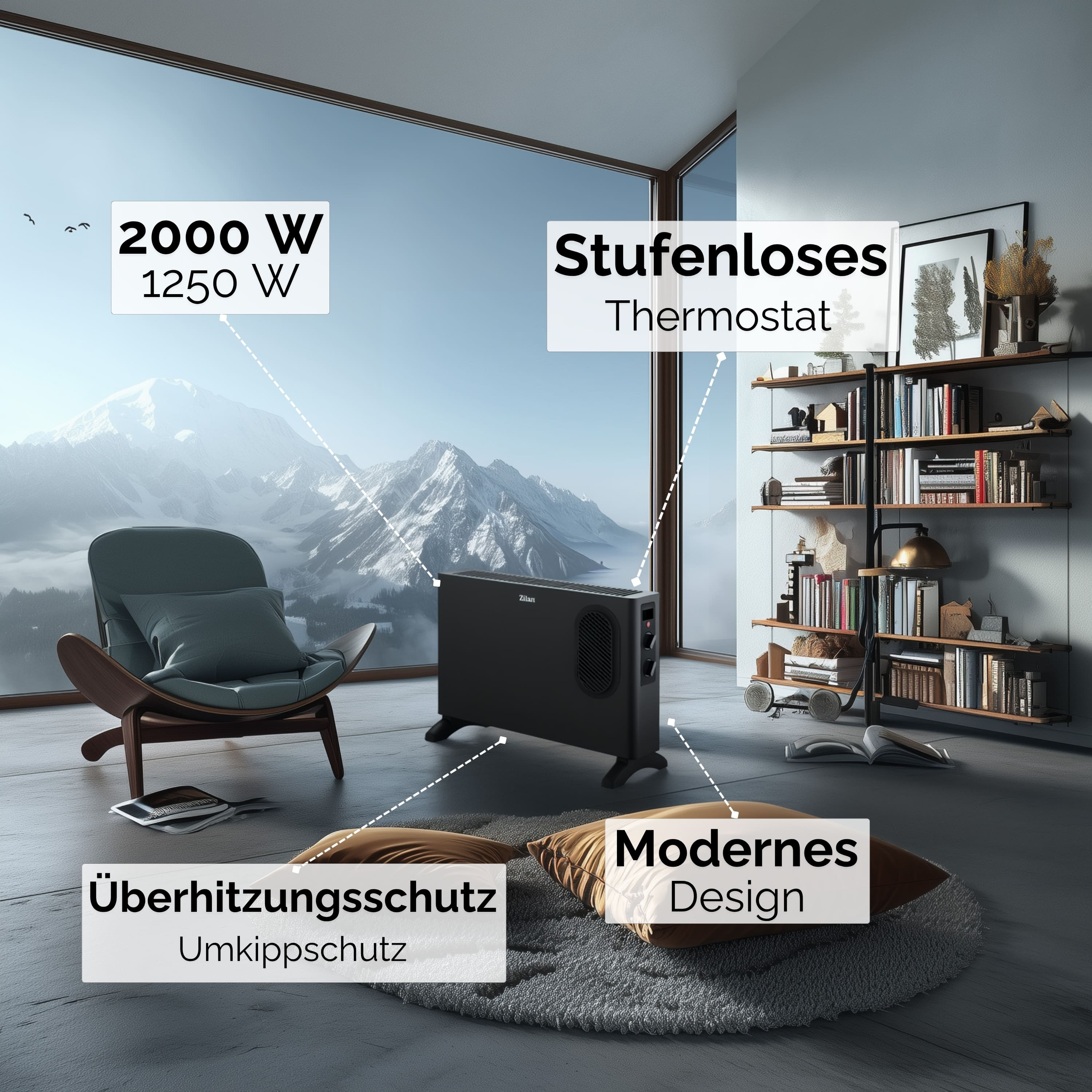 Ein schwarzer Heizkörper in einem modernen Raum mit Fenster, Bergen, Stuhl, Kissen und Bücherregal.