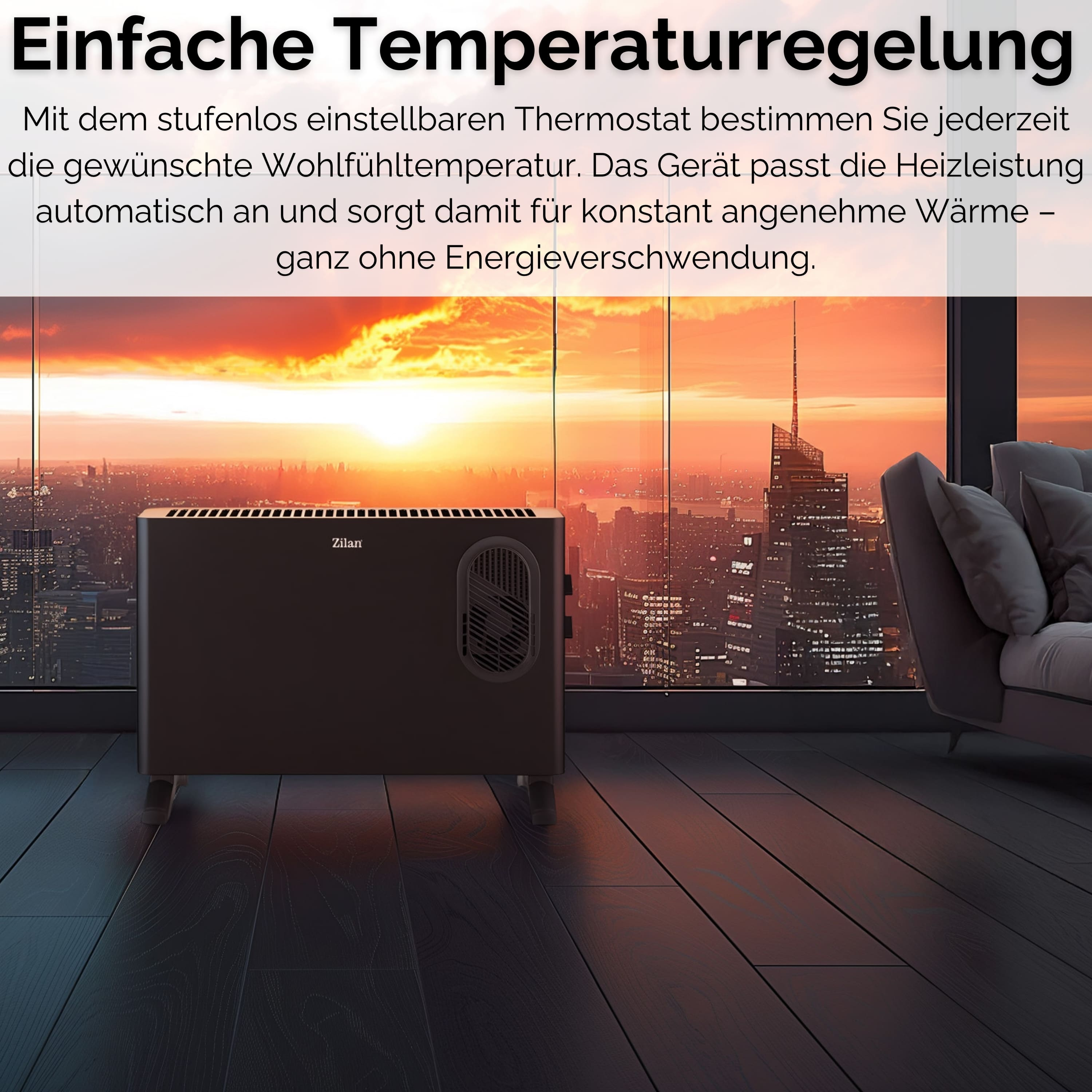 Ein schwarzer Heizlüfter steht auf einem Holzboden vor einem Fenster mit Blick auf eine Stadt bei Sonnenuntergang. Text oben.