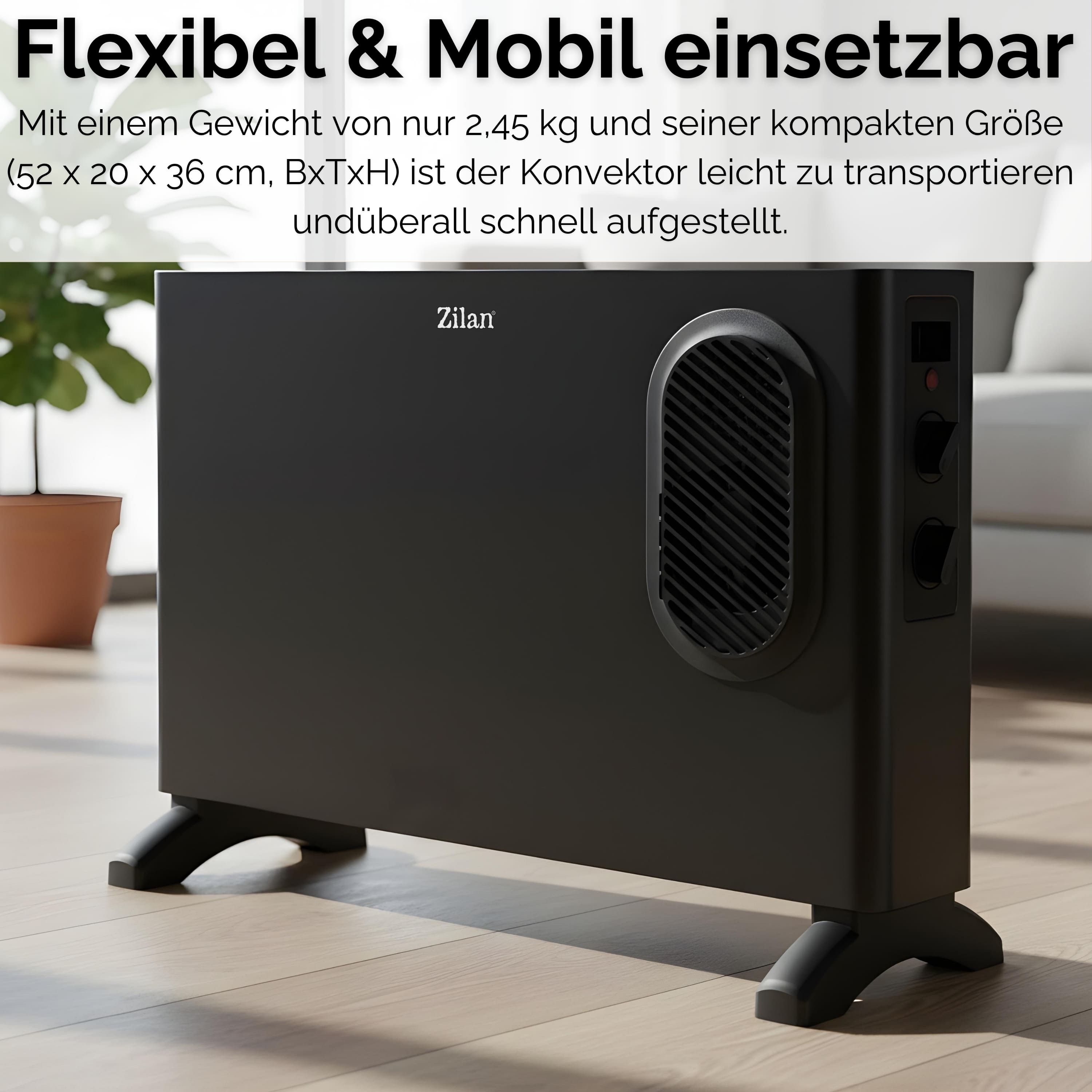 Ein schwarzer Zilan-Konvektor auf einem Holzboden. Er hat eine ovale Lüftung und Bedienknöpfe. Eine Pflanze ist sichtbar.