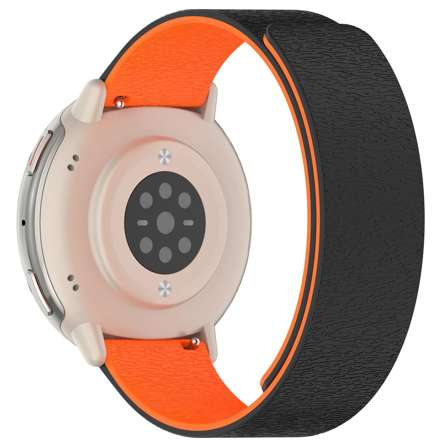 Eine Smartwatch mit orangefarbenem und schwarzem Armband, von hinten betrachtet. Das Zifferblatt ist beige mit einem kreisförmigen Sensor.
