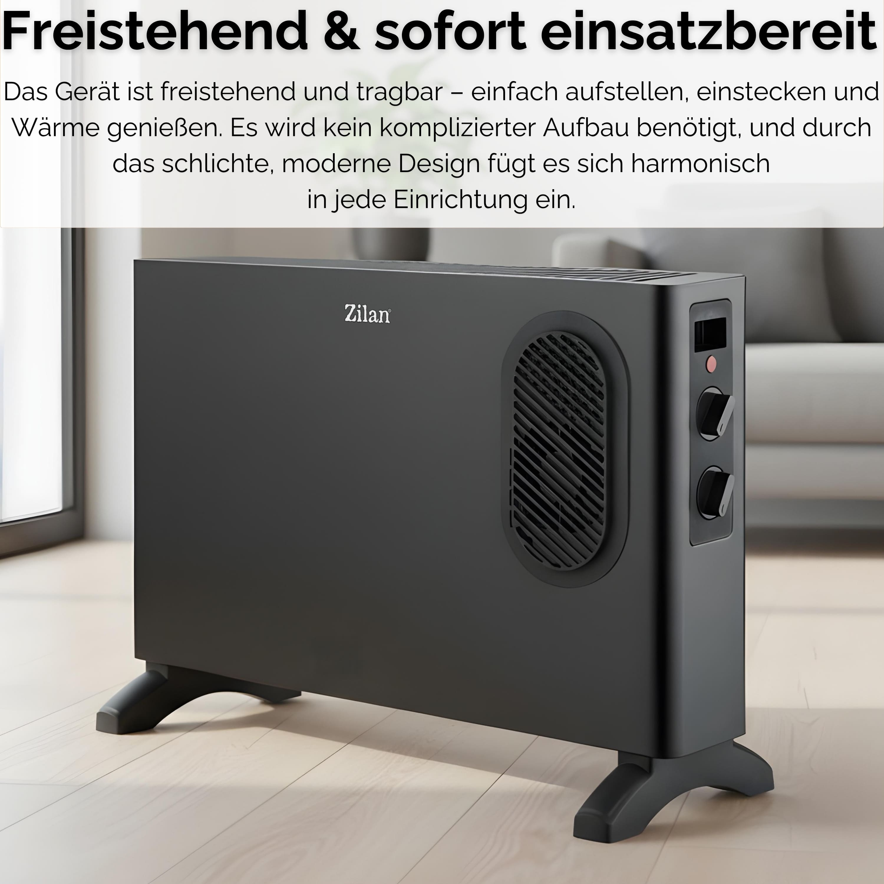 Ein schwarzer Zilan-Heizlüfter steht auf hellem Holzboden. Er hat ein Lüftungsgitter und Knöpfe. Im Hintergrund ein graues Sofa.
