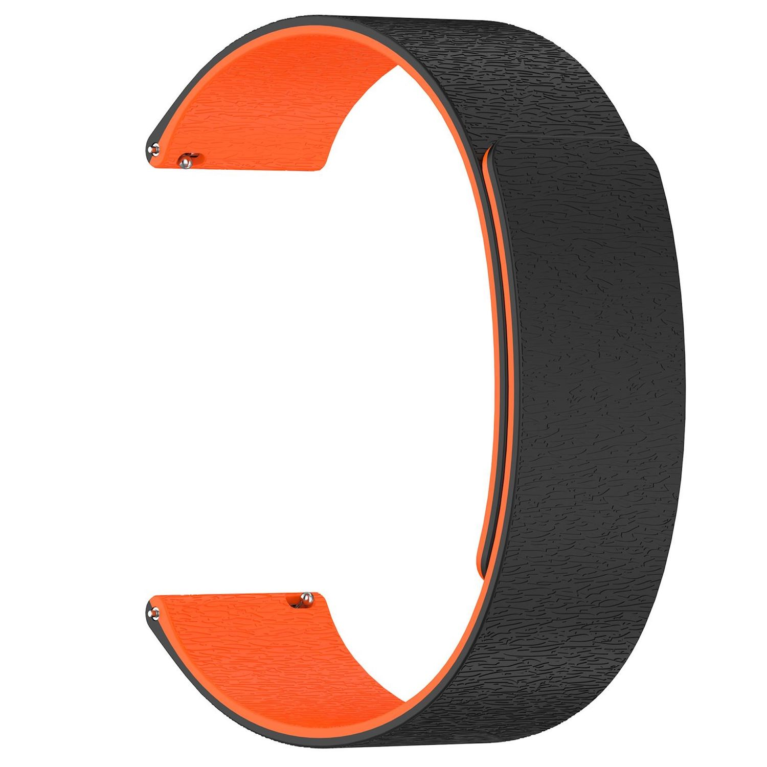 Ein Uhrenarmband mit orangefarbenem Innenraum und schwarzem, strukturiertem Äußeren. Es hat an den Enden zwei silberne Stifte zur Befestigung.