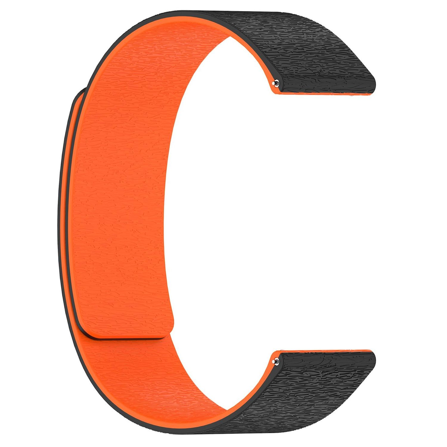 Ein orangefarbenes und schwarzes Uhrenarmband vor weißem Hintergrund. Das Band hat die Form eines C.