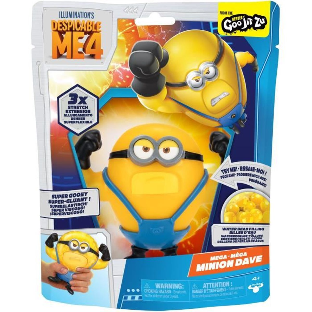 Eine Minion-Spielzeugverpackung. Sie hat einen gelben Minion mit blauen Latzhosen. Text enthält 'Despicable Me 4' und 'Goo Jit Zu'.