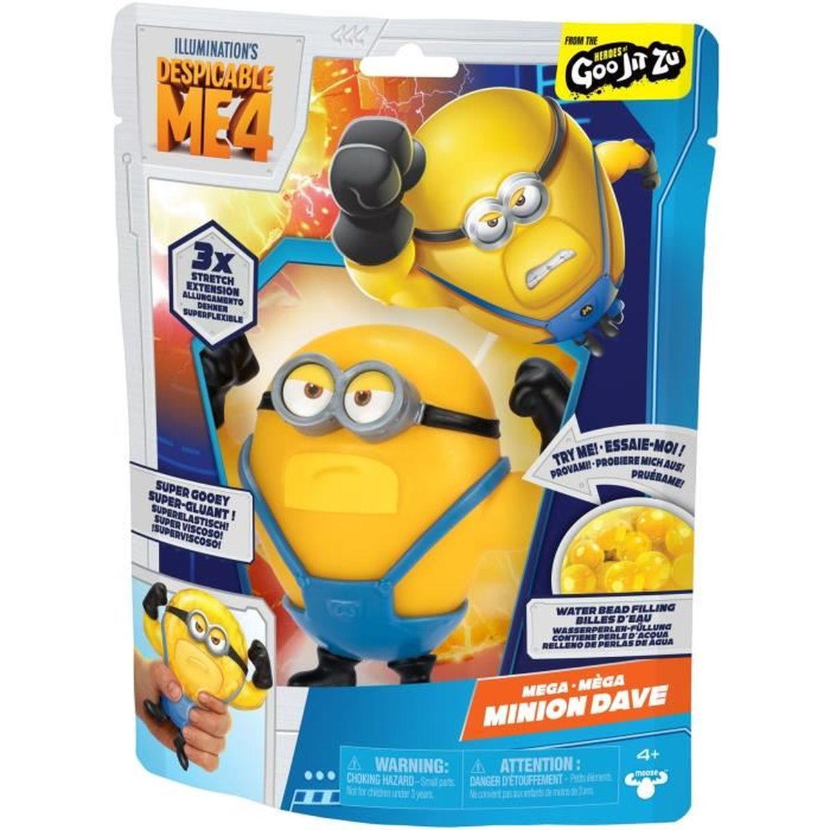 Verpackung für ein Minion Dave Goo Jit Zu Spielzeug. Zeigt einen gelben Minion mit Brille und blauer Latzhose.