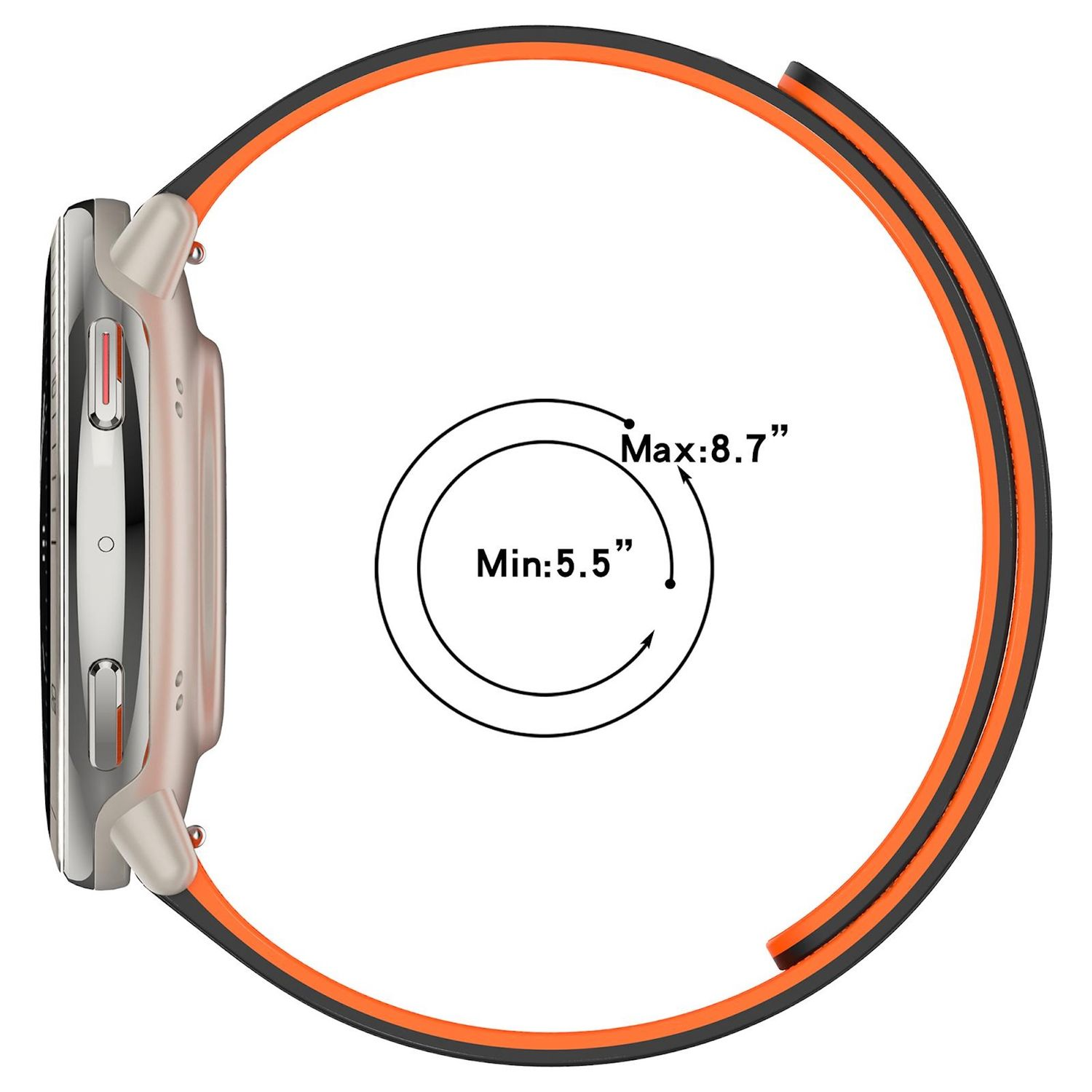 Eine silberne Smartwatch mit einem orange-schwarzen Armband. Kreisdiagramm mit Messungen: Min: 5,5", Max: 8,7".