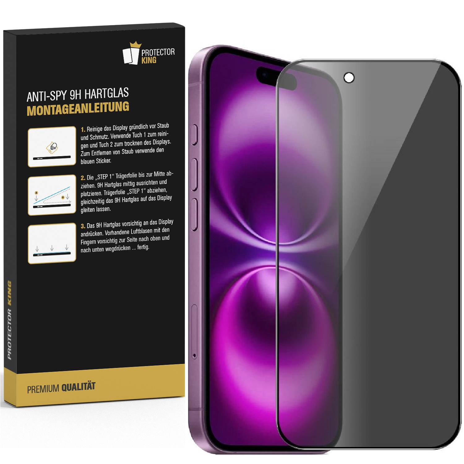 Ein Telefon mit einer Displayschutzbox. Auf der Box steht 'Anti-Spy 9H Hartglas'. Das Telefon ist lila mit einem schwarzen Displayschutz.