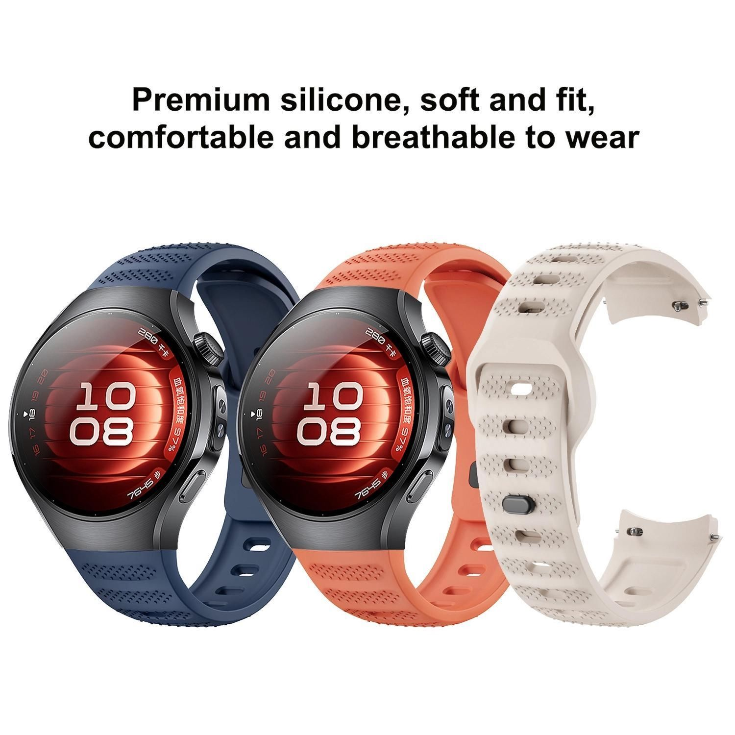 Drei Smartwatches mit verschiedenfarbigen Armbändern (blau, orange und cremefarben) werden angezeigt. Die Zifferblätter zeigen die Uhrzeit: 10:08.