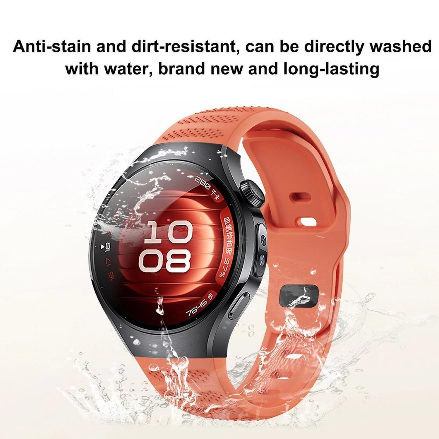 Eine orangefarbene Smartwatch mit schwarzer Lünette, die die Uhrzeit anzeigt. Wassertropfen umgeben die Uhr, was darauf hindeutet, dass sie wasserdicht ist.