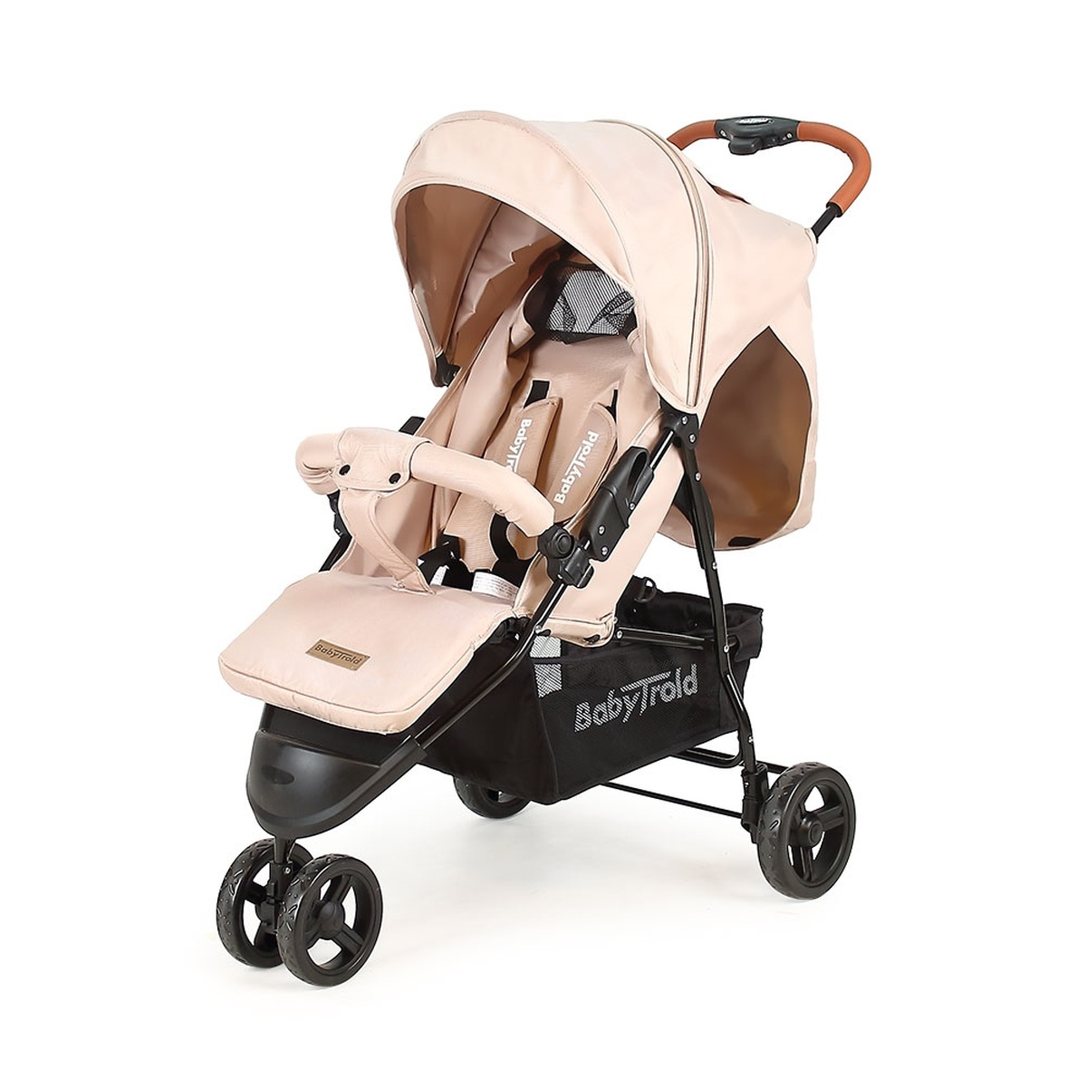 Beiger Kinderwagen mit schwarzem Rahmen. Verfügt über ein Sonnensegel, Sicherheitsgurte und einen Aufbewahrungskorb. Räder sind schwarz. Griff ist braun.