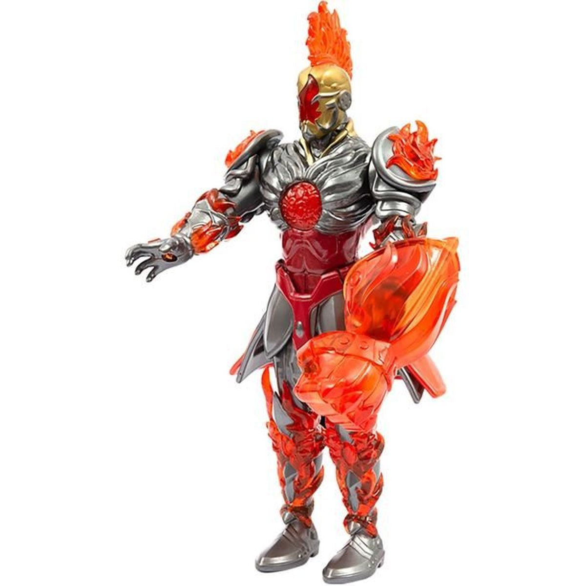 Eine Spielzeug-Superheldenfigur mit flammenähnlichem Haar, Rüstung und einem Schild. Rot und Silber dominieren das Farbschema, mit weißem Hintergrund.