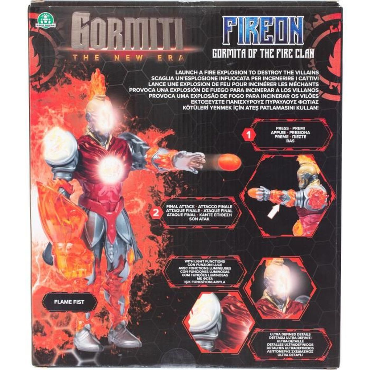 Eine Spielzeugkiste zeigt eine Gormiti-Figur in Aktion. Die Figur hat feurige Elemente mit den Worten "Fireon" und "Flame Fist".