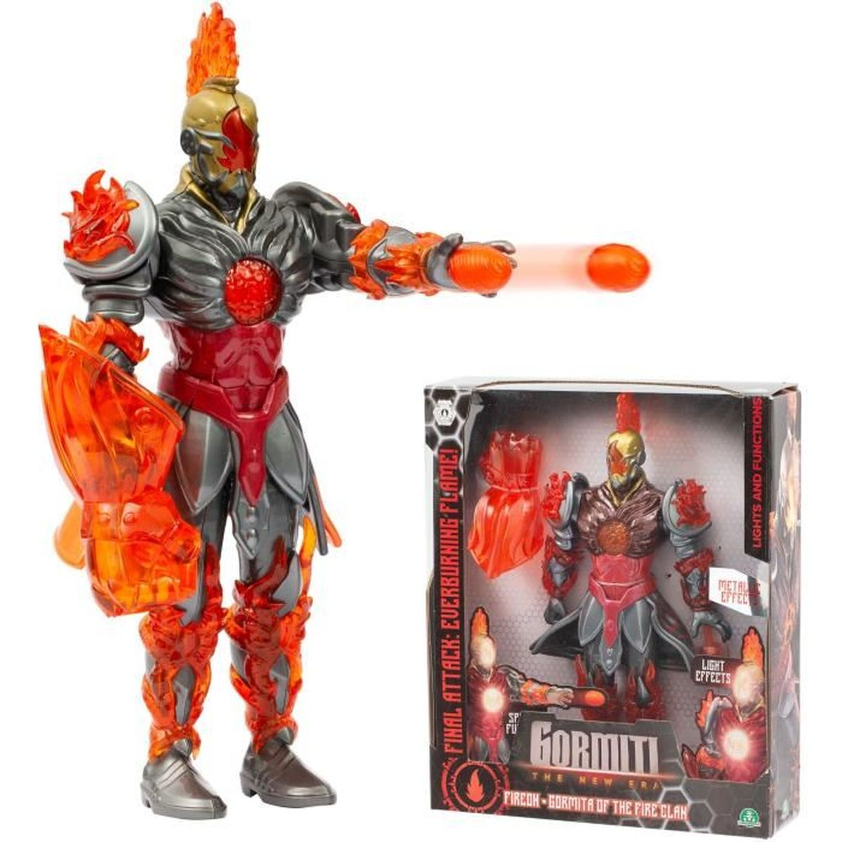 Ein Spielzeugroboter mit feurigen Akzenten. Er steht vor einer Schachtel mit demselben Roboter. Orange Flammen und ein roter Kern.