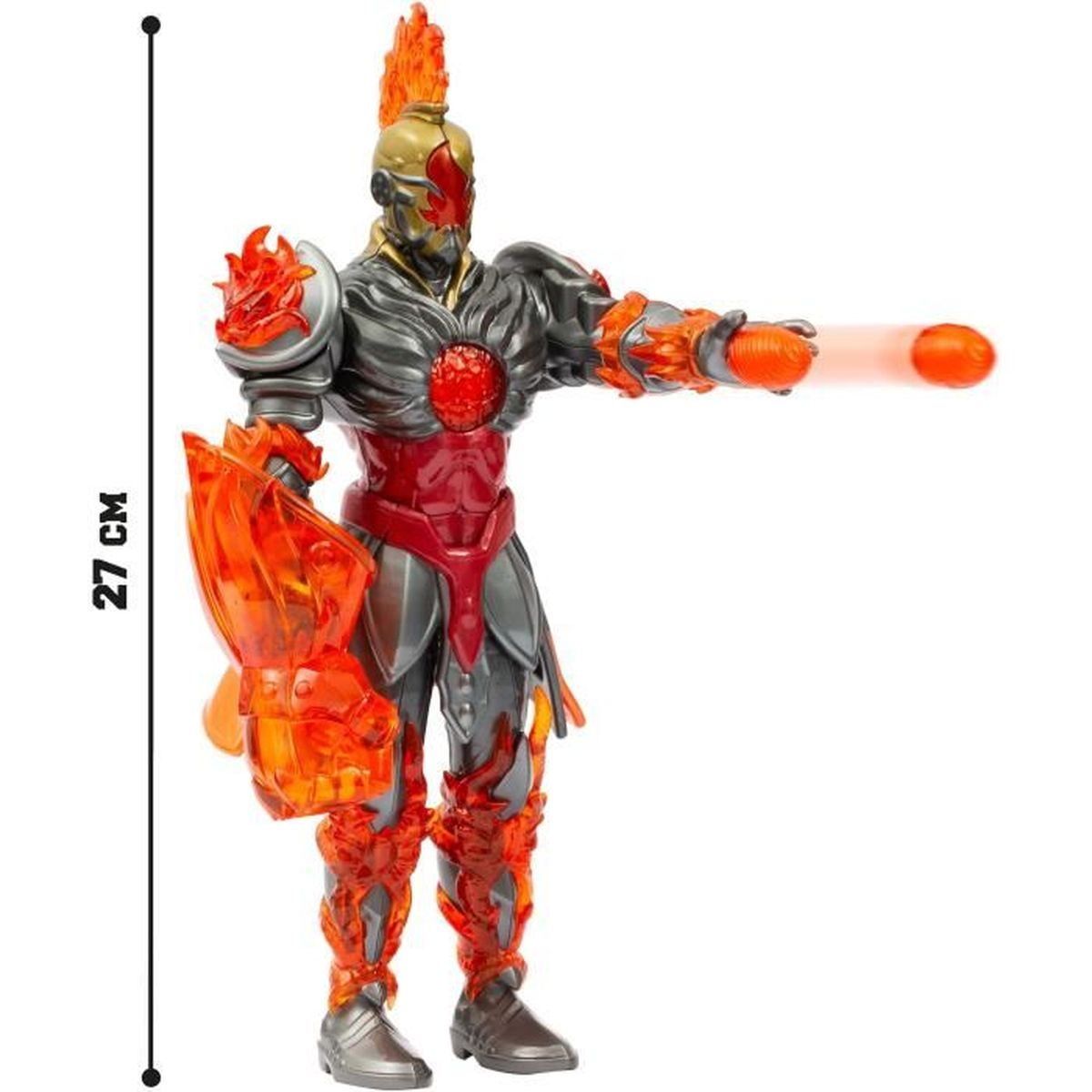 Eine Superhelden-Spielfigur mit roten, orangefarbenen, grauen und silbernen Akzenten. Sie zielt auf ein Projektil. Die Figur ist 27 cm groß.